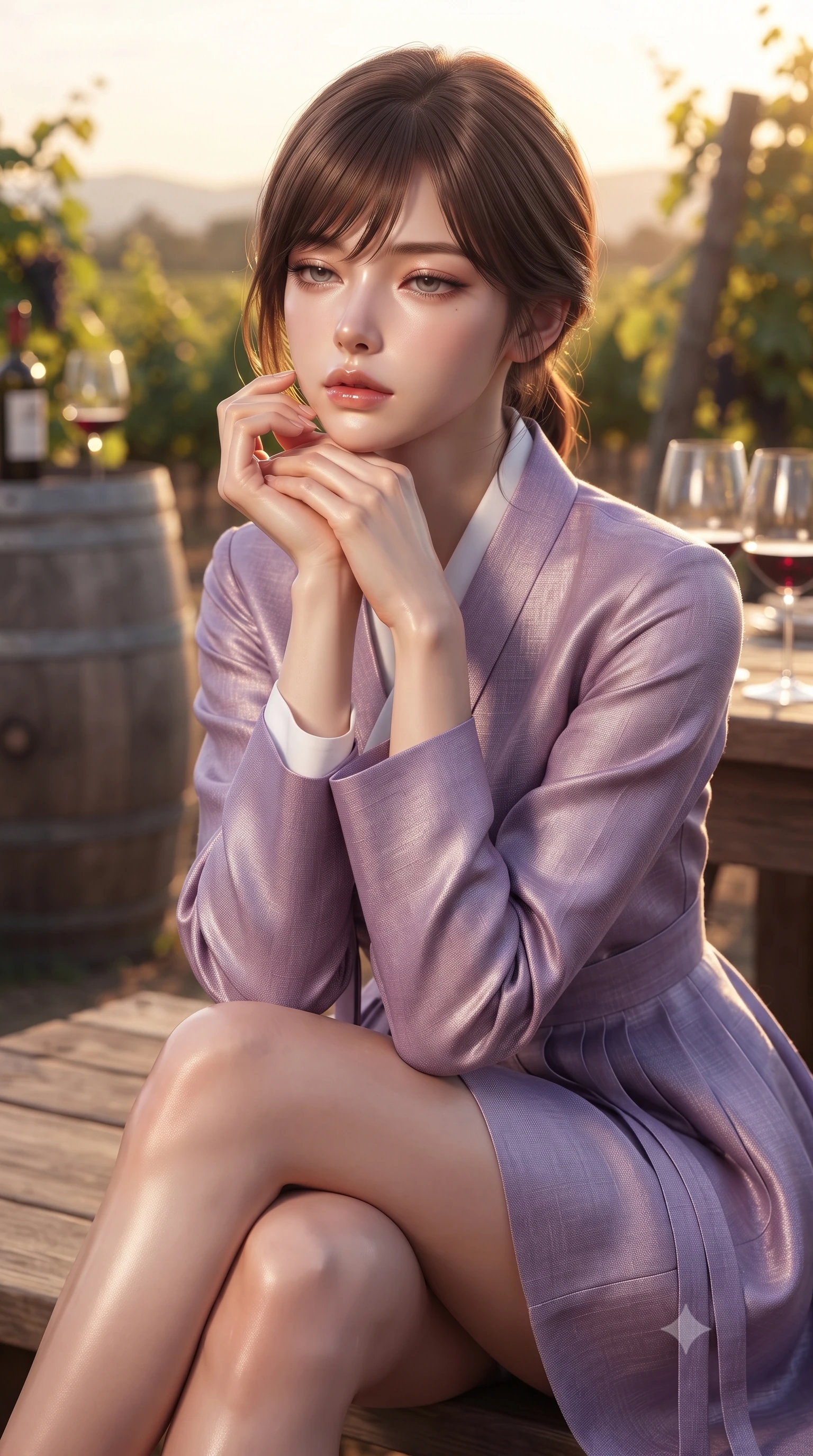 score_9, masterpiece, best quality, ultra-detailed, high-budget anime keyframe, editorial fashion photography, tasteful artistic composition, Korean woman woman. close-up cowboy shot from the waist and thighs up, the character dominates the composition, filling the frame with her large presence, background elements kept in soft focus. resting her chin on the backs of her fingers, casting a heavy-lidded, sultry look past the camera the background shows a soft-focus a wooden terrace of a vineyard winery, with wooden barrels and grapevines in soft focus. She has an exceptionally elegant, slender, and willowy female figure with an ultra-slim waist, a gracefully sculpted slender torso, and a refined silhouette. sharp v-shaped jawline, high-bridge nose, intricate jewel-like eyes with depth, thick eyelashes, glossy lips with a natural sheen. wearing a tailored modern fusion hanbok wrap dress in lavender linen, paired with a white cotton inner top. warm golden hour light tracing the grapevines and wine glasses in a golden rim light. ultra-reflective glossy finish, specular highlights, metallic sheen, high-contrast stereoscopic depth, volumetric dynamic lighting, 2k, ultra detail, master piece, 9:16 ratio