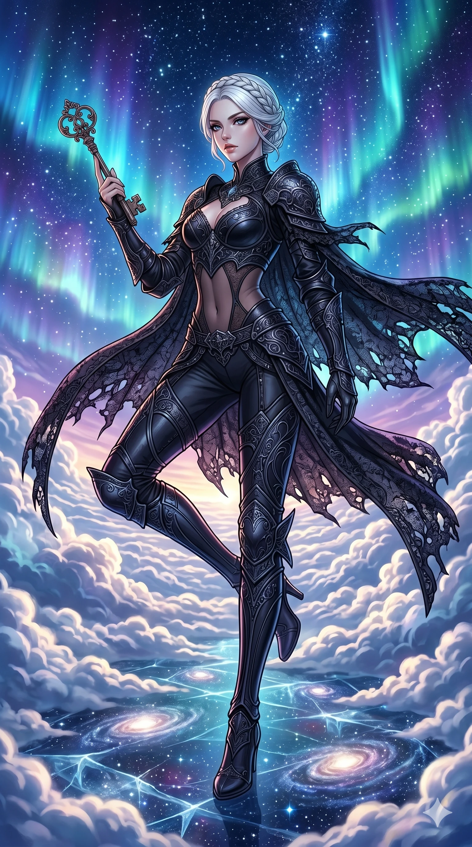 score_9, masterpiece, best quality, ultra-detailed, high-budget anime movie keyframe, cinematic anime lighting, intricate line art, Japanese woman. Low angle cowboy shot filling the entire 9:16 frame with her statuesque presence. navigating a sea of clouds in a frozen starlight ballroom amidst aurora borealis. She has an absolutely perfect 8-heads proportion, an exceptionally tall and slender female figure with an ultra-slim waist and impossibly long slender legs. sharp v-shaped jawline, high-bridge nose, intricate jewel-like eyes, thick eyelashes, glossy lips. Wearing dark fantasy gothic leather armor with ornate obsidian plates, a tattered lace cape, and sheer mesh cut-outs at the midriff, exuding a mysterious allure. The scene is illuminated by dramatic atmospheric lighting and vibrant color palettes. , 2k, ultra detail, master piece, 9:16 ratio