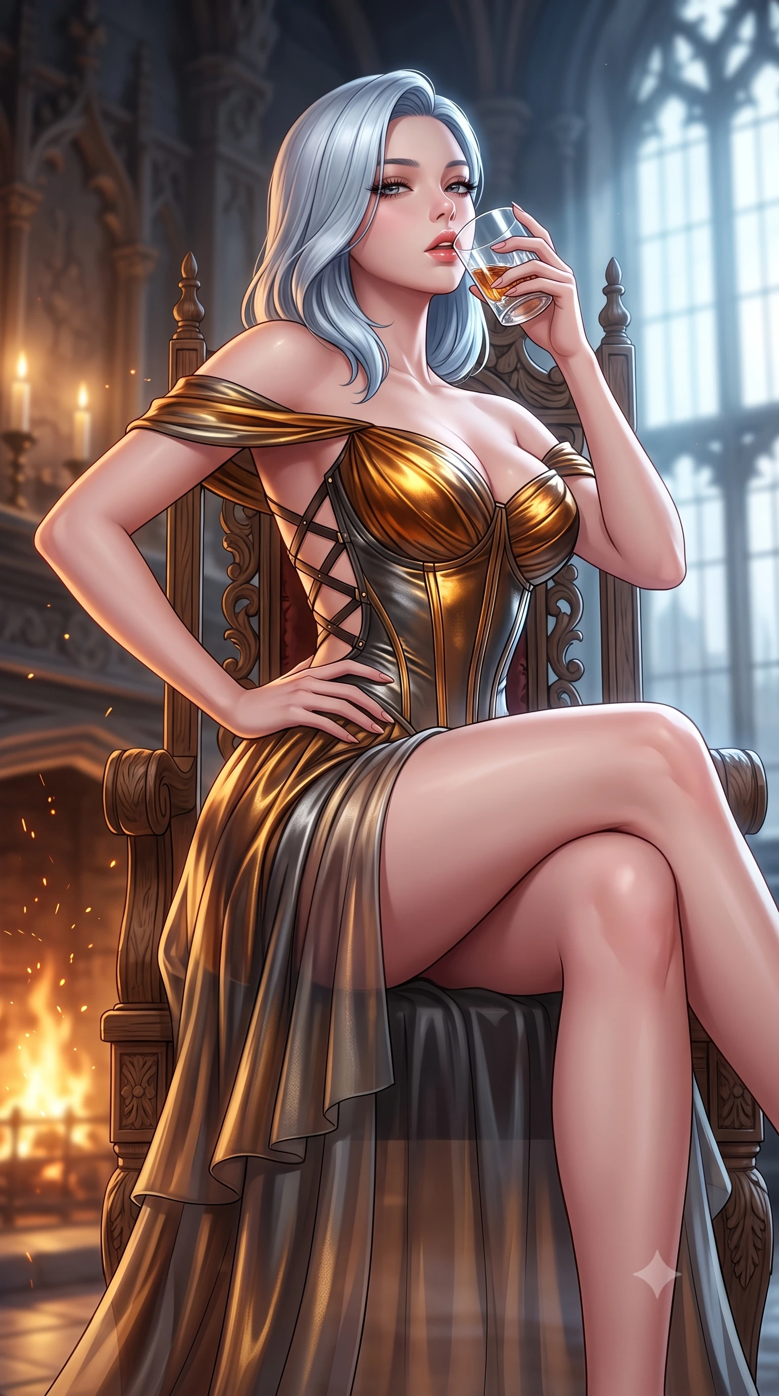 score_9, masterpiece, best quality, ultra-detailed, high-budget anime keyframe, semi-realistic 3D game render, editorial fashion photography, tasteful artistic composition, Korean woman. close-up cowboy shot from the waist and thighs up, the character dominates the composition, filling the frame with her large presence. tilting her chin up with proud, sovereign allure while gazing through thick eyelashes, one hand resting on her waist in pure supermodel charisma while sitting high on an antique carved oak throne before a roaring stone fireplace with legs crossed, raising a crystal dram to her parted glossy lips while looking over her shoulder. The composition keeps background elements in soft focus with creamy bokeh. rising fireplace sparks and candle flame refractions scattering warm decadent amber light motes. She has an exceptionally elegant, slender, and willowy female figure with an ultra-slim waist, flat toned midriff, narrow ribcage, and sculpted feminine hips creating an alluring, slim hourglass silhouette without bulk. sharp v-shaped jawline, high-bridge nose, intricate jewel-like eyes with depth, thick eyelashes, glossy parted lips with a natural sheen, intensely captivating and seductive bedroom-eyes expression, flawlessly proportioned anatomical accuracy, strict slender model proportions, natural body alignment, perfectly sculpted long slender limbs, ultra-slim waistline, clean dynamic posture without body distortion. wearing an off-shoulder French court corset bodice dress paired with a tiered translucent chiffon slit skirt in molten amber-gold and dark gunmetal, crafted from luxurious metallic lamé that shifts radiance with every step, featuring an open-back criss-cross harness strap in dark leather, the precision-cut side openings and low-back scoop framing her graceful spine and the sensual sweep of her slim, toned hips. bathed in roaring stone hearth firelight from below and cool misty daylight streaming from towering castle windows. highly saturated vibrant anime colors, detailed shading with soft gradients, rich glossy textures, high-contrast stereoscopic depth, volumetric dynamic lighting, master piece, 9:16 ratio