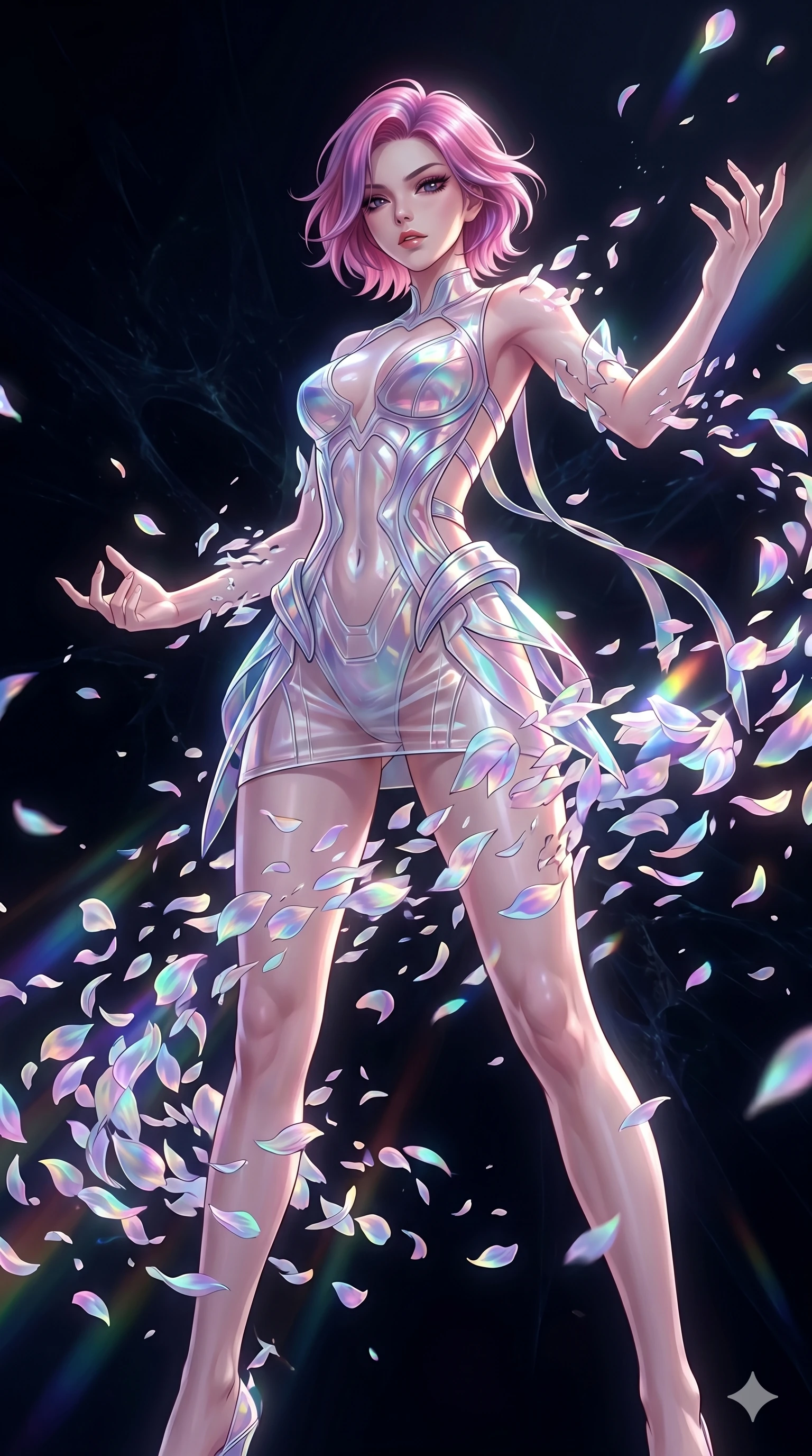 score_9, masterpiece, best quality, ultra-detailed, High-budget Anime Keyframe, East Asian woman. Low angle cowboy shot filling the entire 9:16 frame with her statuesque presence. Scenario 131: Dissolving into a cloud of iridescent silk petals in a void. Her presence is magnetic and overpowering in this high-budget anime scene. Outfit 131: A translucent PVC dangerous with a backless design and translucent layers. The clothing is designed to emphasize her exceptionally tall and slender 8-heads proportion. 8-heads proportion, towering silhouette, ultra-slim waist. sharp v-shaped jawline, intricate jewel-like eyes with depth, thick eyelashes, glossy lips. 2k, ultra detail, master piece, 9:16 ratio