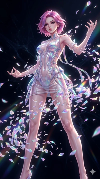 score_9, masterpiece, best quality, ultra-detailed, High-budget Anime Keyframe, East Asian woman. Low angle cowboy shot filling the entire 9:16 frame with her statuesque presence. Scenario 131: Dissolving into a cloud of iridescent silk petals in a v