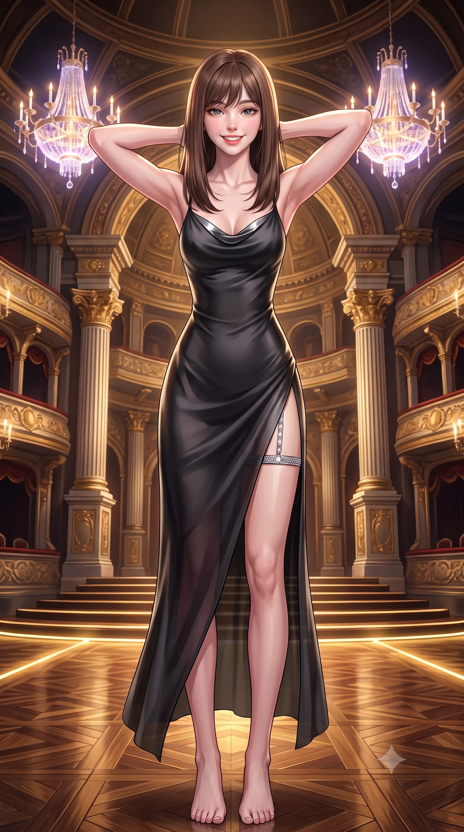score_9, masterpiece, best quality, ultra-detailed, high-budget anime keyframe, semi-realistic 3D game render, editorial fashion photography, tasteful artistic composition, Korean woman. close-up cowboy shot from the waist and thighs up, the character dominates the composition, filling the frame with her large presence. resting both hands lightly behind her neck with elbows raised, arching her spine to highlight her narrow waist, flat midriff, and breathtaking collarbones while standing poised at the center of the gilded cyber-baroque opera stage beneath levitating plasma chandeliers, arching her lower back with sovereign diva charisma. The surrounding environment is rendered in vivid detail and crisp panoramic clarity: detailed anime keyframe lines, rich fabric textures, and monumental cyber-baroque architecture in razor-sharp precision. She has an exceptionally elegant, slender, and willowy female figure with an ultra-slim waist, flat toned midriff, narrow ribcage, and sculpted feminine hips creating an alluring, slim hourglass silhouette without bulk. sharp v-shaped jawline, high-bridge nose, intricate jewel-like sparkling eyes with depth, thick eyelashes, glossy parted lips with a natural peach sheen, bright cheerful beaming smile with an enchanting and coquettish sensual glint, exuding both youthful cute charm and seductive allure, flawlessly proportioned anatomical accuracy, strict slender model proportions, natural body alignment, perfectly sculpted long slender limbs, ultra-slim waistline, clean dynamic posture without body distortion. wearing a form-contouring gossamer silk chiffon slip dress with a hip-high slit and open cowl back clinging with dewy moisture in matte carbon fiber black and polished chrome, crafted from fluid liquid silk satin that clings smoothly to her narrow waist and rounded hips with a dewy sheen, finished with delicate crystal-encrusted thigh garter straps glinting in the dim light, the form-contouring silhouette accentuating her sculpted flat midriff, narrow delicate ribcage, and gracefully curvy hips with intoxicating allure. illuminated by polished parquet reflection bounce and sharp gold-plasma rim lights sculpting her jawline, narrow waist, and curvy hips. highly saturated vibrant anime colors, detailed shading with soft gradients, rich glossy textures, high-contrast stereoscopic depth, volumetric dynamic lighting, master piece, 9:16 ratio