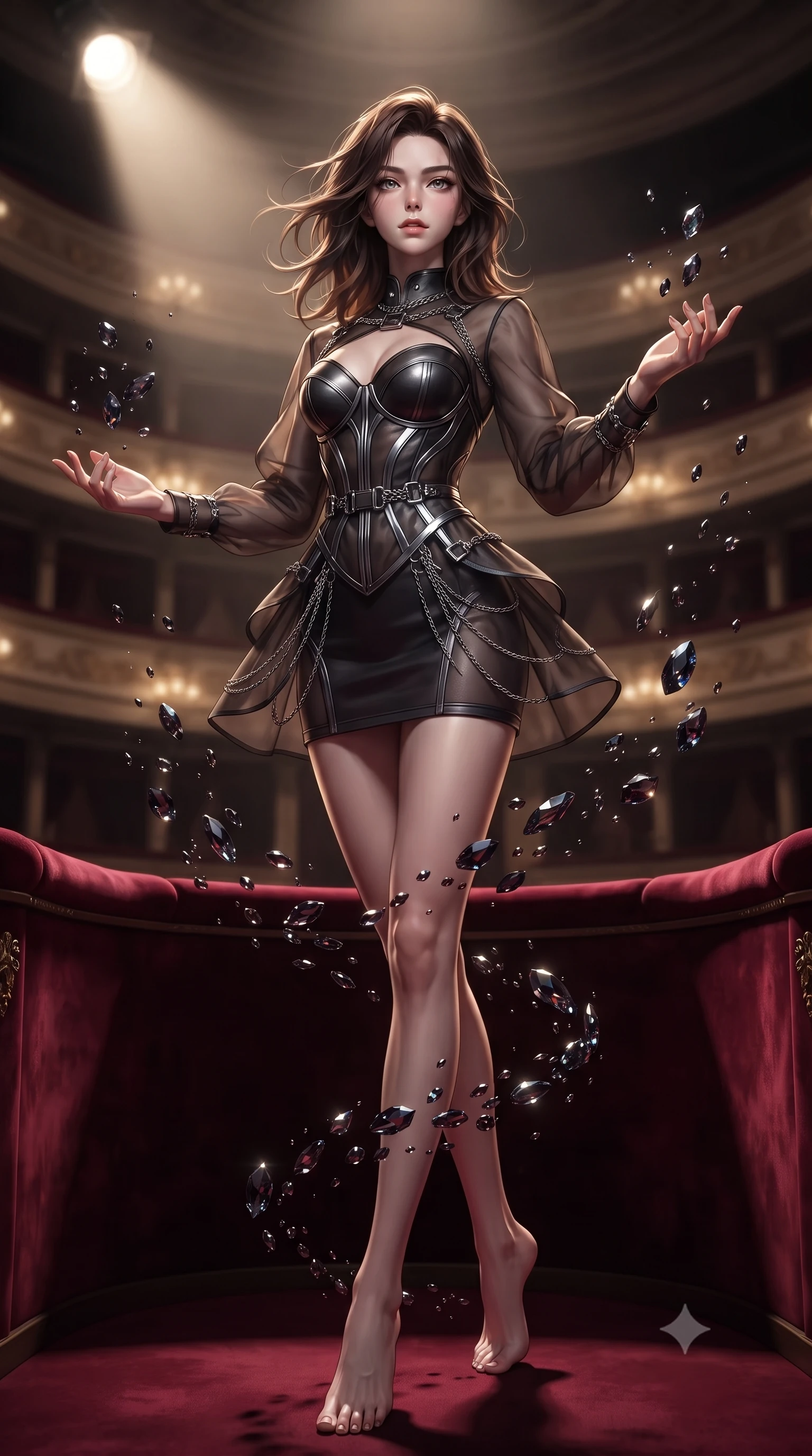 score_9, masterpiece, best quality, ultra-detailed, high-budget anime keyframe, editorial fashion photography, tasteful artistic composition, Korean woman. low angle full-body shot from head to toe showing her feet, filling the entire 9:16 vertical frame with her statuesque presence, stretching her vertical silhouette. interacting with floating dark crystal particles, her long slender legs poised in motion, standing on a secluded private opera box balcony lined with deep crimson velvet, dramatic theatrical stage spotlight casting intense key light from afar. She has an absolutely perfect, statuesque 8.5-heads proportion, an exceptionally tall and slender model-like female figure with impossibly long slender legs and an ultra-slim waist. sharp v-shaped jawline, high-bridge nose, intricate jewel-like eyes with depth, thick eyelashes, glossy lips with a natural sheen. wearing architectural cut-out dark leather mini dress with sculpted metallic boning in metallic dark silver, made of sheer dark organza overlay, framed by dark titanium buckles and silver chain details, contouring every curve with an exceptionally elegant silhouette. surrounded by dramatic theatrical chiaroscuro with sharp gold rim highlights. ultra-reflective glossy finish, specular highlights, metallic sheen, high-contrast stereoscopic depth, volumetric dynamic lighting, 2k, ultra detail, master piece, 9:16 ratio