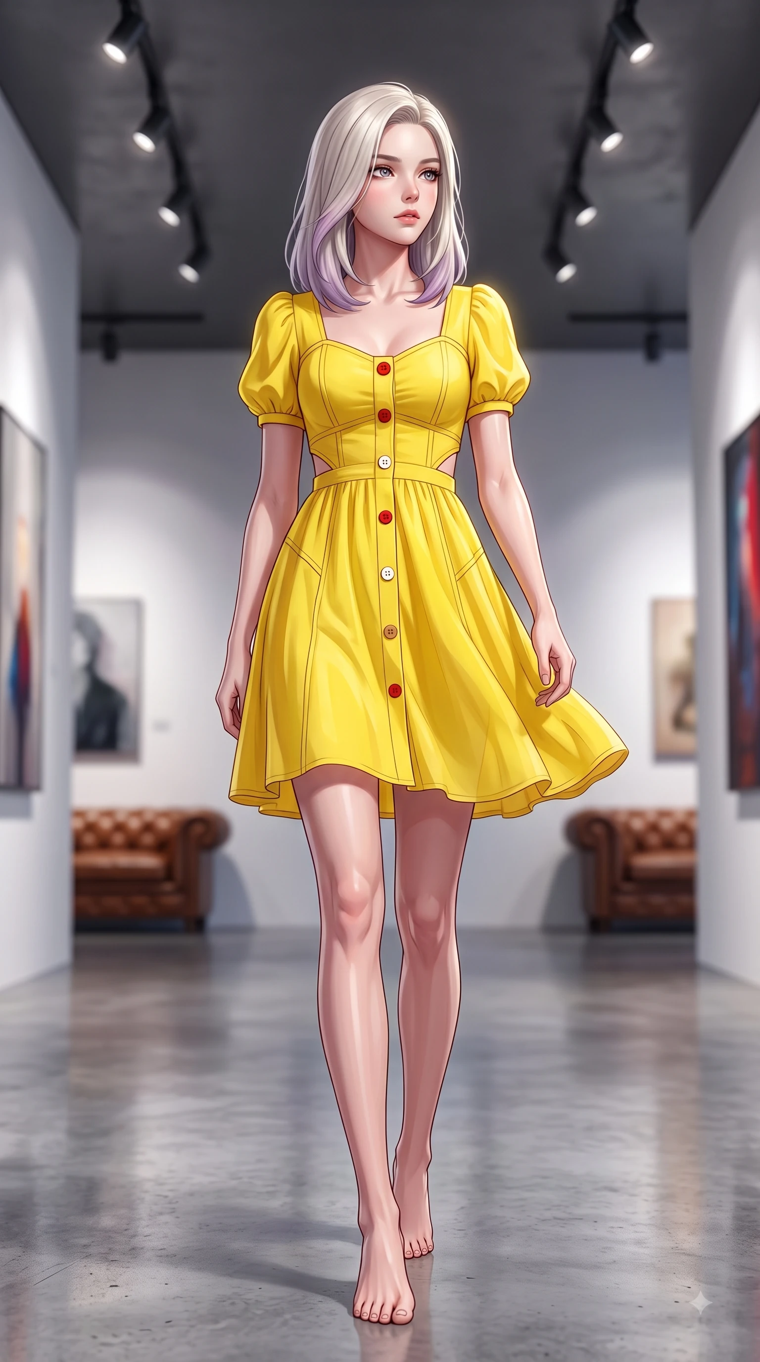 score_9, masterpiece, best quality, ultra-detailed, high-budget anime keyframe, editorial fashion photography, tasteful artistic composition, Caucasian woman. low angle full-body shot from head to toe showing her feet, filling the entire 9:16 vertical frame with her statuesque presence, stretching her vertical silhouette. Tender lingering expression with a quiet reluctant backward glance, as if hesitating to leave the moment while stepping along a polished concrete gallery hall under sleek overhead gallery spotlights. The composition keeps background elements in soft focus with dreamy bokeh. vintage leather furnishings and soft gallery spotlights softened by shallow focus. She has an absolutely perfect, statuesque 8.5-heads proportion, an exceptionally tall and slender model-like female figure with impossibly long slender legs and an ultra-slim waist. sharp v-shaped jawline, high-bridge nose, intricate jewel-like eyes with depth, thick eyelashes, glossy lips with a natural sheen, flawlessly proportioned anatomical accuracy, natural body alignment, perfectly sculpted elegant limbs, clean dynamic posture without body distortion. wearing a bright canary yellow cotton sundress with short puff sleeves and wooden buttons in vibrant crimson red and crisp snow white, woven from fine lightweight chiffon fluttering gracefully, complemented by clean architectural seams and subtle cutouts, the chic fashion cut framing her graceful clavicle and slender torso. surrounded by a chic, intellectual, and artistic urban editorial atmosphere. highly saturated vibrant anime colors, detailed shading with soft gradients, rich glossy textures, high-contrast stereoscopic depth, volumetric dynamic lighting, master piece, 9:16 ratio