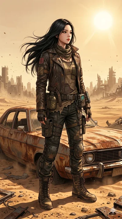 score_9, score_8_up, score_7_up, source_anime, masterpiece, best quality, ultra-detailed, same character with long flowing black hair, wearing rugged post-apocalyptic scavenger gear with a worn leather jacket and boots, full body shot standing on the