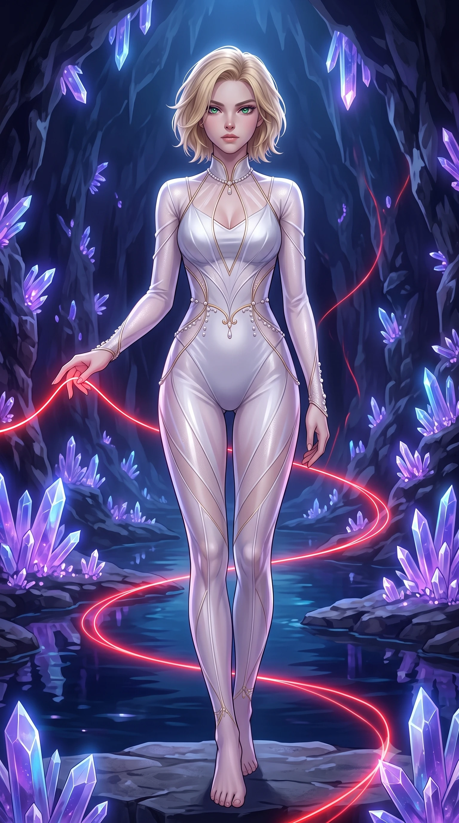 score_9, masterpiece, best quality, ultra-detailed, High-budget Anime Keyframe, Caucasian woman, strictly human ears. Low angle cowboy shot filling the entire 9:16 frame with her statuesque presence. Scenario 527: tracing a glowing red thread of fate with her fingers in an underground cave lined with glowing quartz crystals and deep pools. Her presence is magnetic and overpowering in this high-budget anime scene. Outfit 527: a form-contouring pearl white shimmering chiffon catsuit featuring layered translucent panels over a sleek slip dress. The clothing is designed to emphasize her exceptionally tall and slender 8-heads proportion. 8-heads proportion, towering silhouette, ultra-slim waist. sharp v-shaped jawline, intricate jewel-like eyes with depth, thick eyelashes, glossy lips. 2k, ultra detail, master piece, 9:16 ratio