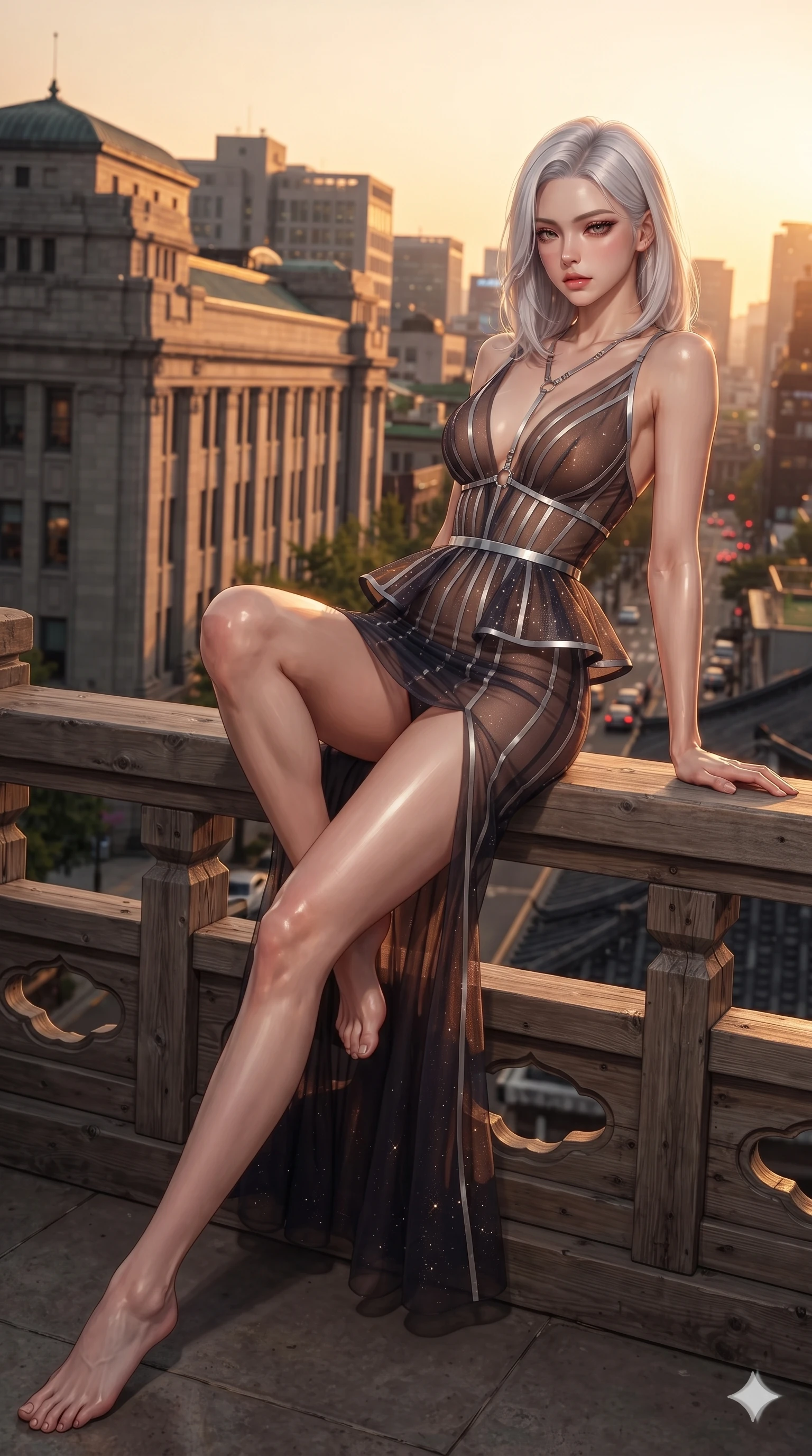 score_9, masterpiece, best quality, ultra-detailed, high-budget anime keyframe, editorial fashion photography, tasteful artistic composition, Korean woman. low angle full-body shot from head to toe showing her feet, filling the entire 9:16 vertical frame with her statuesque presence, stretching her vertical silhouette. reclining on her side in an elegant Cleopatra pose with one knee drawn up, the dramatic contour of her rounded hips and long slender legs commanding the 9:16 vertical frame while leaning against the weathered cedar balustrade with hips cocked back, gazing through the warm evening breeze with heavy-lidded seductive bedroom-eyes. The surrounding environment is rendered in vivid detail and crisp panoramic clarity: intricate peplum corset tailoring, sheer power-mesh panels, and historic rooftop architecture in razor-sharp precision. She has an exceptionally tall and slender model-like 8.5-heads proportion, an ultra-slim waist, a flat toned midriff, narrow delicate ribcage, and beautifully sculpted feminine hips creating a graceful, slim hourglass silhouette without any bulky heaviness, with impossibly long slender legs. sharp v-shaped jawline, high-bridge nose, intricate jewel-like sparkling eyes with depth, thick eyelashes, glossy parted lips with a natural sheen, intensely captivating and seductive bedroom-eyes expression, exuding both youthful cute charm and sovereign luxury allure, flawlessly proportioned anatomical accuracy, strict slender model proportions, natural body alignment, perfectly sculpted long slender limbs, ultra-slim waistline, clean dynamic posture without body distortion. wearing a plunge-front sheer illusion tulle slip dress with liquid platinum ribbon stripes hugging her curves in cosmic eclipse amber and starlight diamond, woven from fine semi-opaque stretch illusion mesh tracing her slender contours, accented with a chrome-drop body harness subtly framing her dewy collarbones and spine, the liquid-tight tailored fabric clinging flawlessly to her narrow waist and rounded feminine hips, emphasizing every millimeter of her sculpted slim hourglass curves without any bulky heaviness. bathed in the dramatic warm 2200K golden-hour sunset light casting intense specular highlights along her silhouette. ultra-reflective glossy finish, specular highlights, rich textural contrasts, high-contrast stereoscopic depth, volumetric dynamic lighting, 2k, ultra detail, master piece, 9:16 ratio