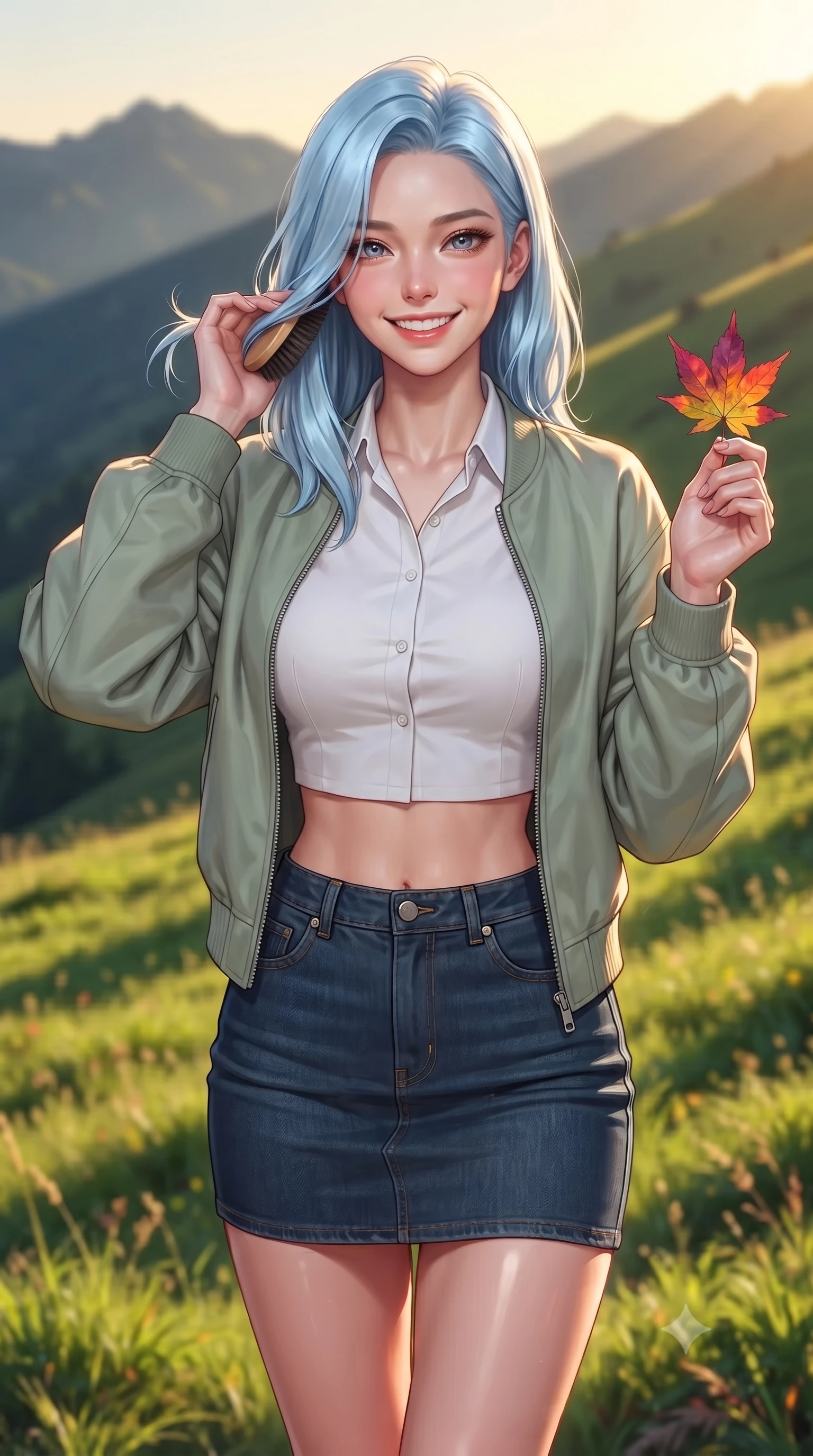 score_9, masterpiece, best quality, ultra-detailed, high-budget anime keyframe, editorial fashion photography, tasteful artistic composition, Korean woman. close-up cowboy shot from the waist and thighs up, the character dominates the composition, filling the frame with her large presence, background elements kept in soft focus. flashing an intoxicating, sunny grin while brushing a strand of hair away from her face set against a soft-focus background of on a green slope of a highland mountain covered in wild mountain grass holding a colorful maple leaf with a delighted, cheerful smile. She has an exceptionally elegant, slender, and willowy female figure with an ultra-slim waist, a gracefully sculpted slender torso, and a refined silhouette. sharp v-shaped jawline, high-bridge nose, intricate jewel-like eyes with depth, thick eyelashes, glossy lips with a natural sheen. wearing tailored modern crop top shirt paired with a mini skirt and an unzipped light bomber jacket. golden hour sunset light casting long shadows of mountain peaks across the slope. highly saturated vibrant anime colors, detailed shading with soft gradients, rich glossy textures, high-contrast stereoscopic depth, volumetric dynamic lighting, master piece, 9:16 ratio