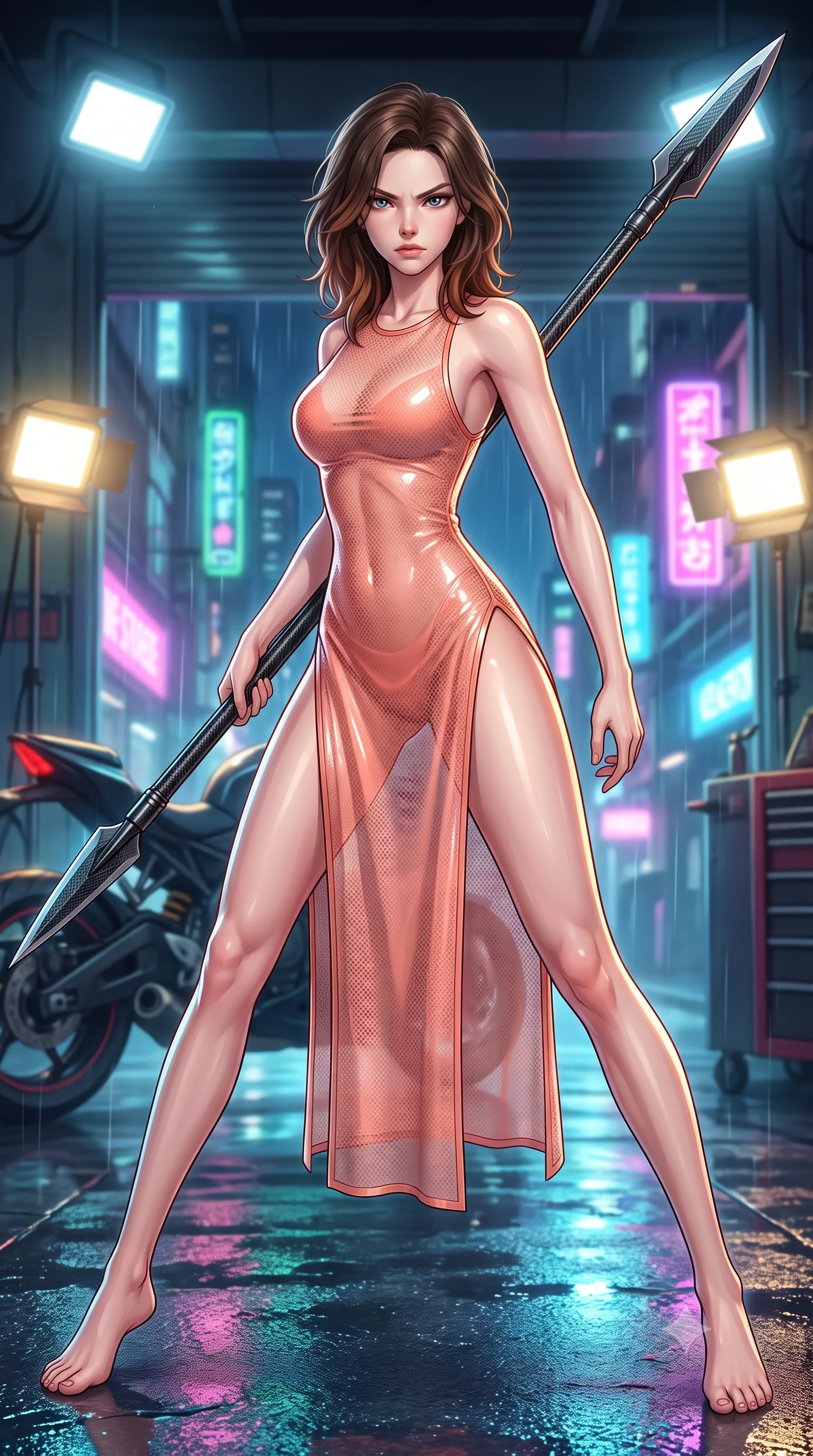 score_9, masterpiece, best quality, ultra-detailed, high-budget anime keyframe, editorial fashion photography, tasteful artistic composition, Korean woman. low angle full-body shot from head to toe showing her feet, filling the entire 9:16 vertical frame with her statuesque presence, stretching her vertical silhouette. standing in a dynamic combat stance with a carbon-fiber spear held diagonally, stretching her statuesque body, the background shows a soft-focus a high-tech motorcycle garage open to a rain-drenched cyberpunk street. She has an absolutely perfect, statuesque 8.5-heads proportion, an exceptionally tall and slender model-like female figure with impossibly long slender legs and an ultra-slim waist. sharp v-shaped jawline, high-bridge nose, intricate jewel-like eyes with depth, thick eyelashes, glossy lips with a natural sheen. wearing a form-contouring high-slit sheer carbon-mesh dress in soft coral, revealing the contours of her athletic build. bright halogen work lights casting sharp, detailed front illumination with deep shadows. highly saturated vibrant anime colors, detailed shading with soft gradients, rich glossy textures, high-contrast stereoscopic depth, volumetric dynamic lighting, master piece, 9:16 ratio