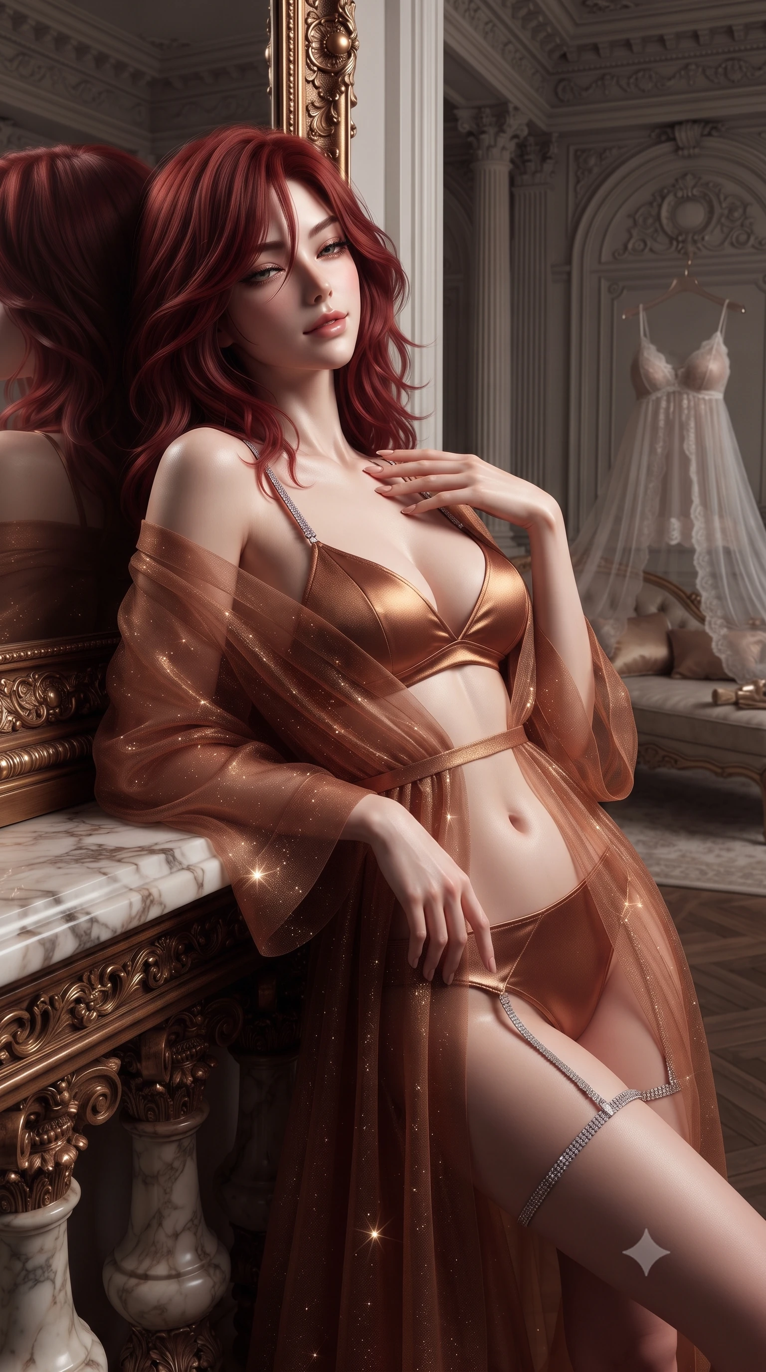 score_9, masterpiece, best quality, ultra-detailed, high-budget anime keyframe, editorial fashion photography, tasteful artistic composition, Korean woman. close-up cowboy shot from the waist and thighs up, the character dominates the composition, filling the frame with her large presence. leaning back against the balustrade with relaxed seductive grace, head tilted back slightly while casting a hypnotic, heavy-lidded gaze while turning slowly toward the mirror with a teasing half-smile, running one manicured hand lightly along her collarbones with magnetic allure. The surrounding environment is rendered in vivid detail and crisp panoramic clarity: detailed sheer lace babydoll camisole drape, satin tap pants lace trim, and master interior architecture in razor-sharp precision. She has an exceptionally elegant, slender, and willowy female figure with an ultra-slim waist, flat toned midriff, narrow ribcage, and sculpted feminine hips creating an alluring, slim hourglass silhouette without bulk. sharp v-shaped jawline, high-bridge nose, intricate jewel-like sparkling eyes with depth, thick eyelashes, glossy parted lips with a natural peach sheen, bright cheerful beaming smile with an enchanting and coquettish sensual glint, exuding both youthful cute charm and seductive allure, flawlessly proportioned anatomical accuracy, strict slender model proportions, natural body alignment, perfectly sculpted long slender limbs, ultra-slim waistline, clean dynamic posture without body distortion. wearing a flowing gossamer silk organza boudoir peignoir slipping off one shoulder over a form-fitting satin bralette in warm cinnamon silk and burnished gold, woven from stretch metallic lurex jersey casting radiant starlight glints across her curves, finished with delicate crystal-encrusted thigh garter straps glinting in the dim light, the second-skin tailored fabric adhering flawlessly to her sculpted flat midriff and slender torso, emphasizing her long leg lines and perfectly proportioned willowy build. illuminated by mirror specular reflections and sharp rose-gold rim lights defining her features, flat midriff, and slender waist. ultra-reflective glossy finish, specular highlights, rich textural contrasts, high-contrast stereoscopic depth, volumetric dynamic lighting, 2k, ultra detail, master piece, 9:16 ratio