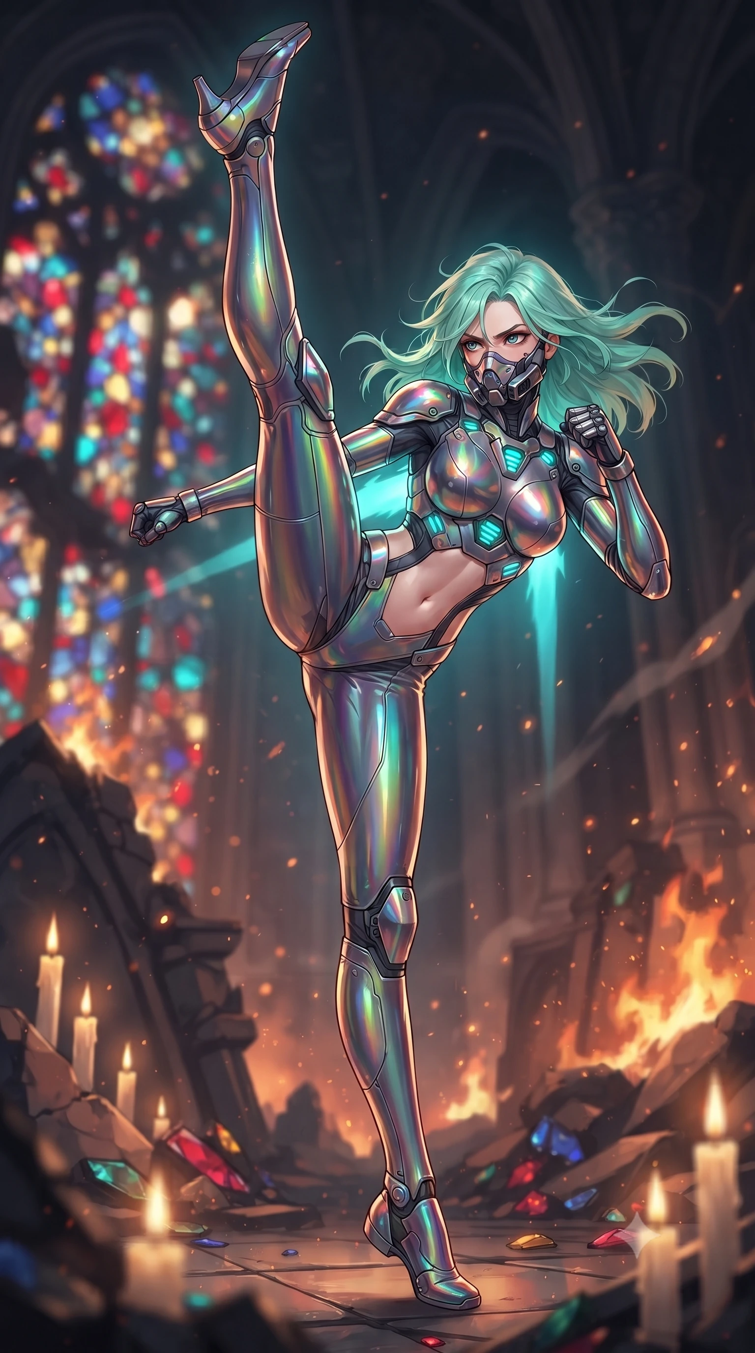 score_9, masterpiece, best quality, ultra-detailed, high-budget anime keyframe, editorial fashion photography, tasteful artistic composition, Japanese woman. low angle full-body shot from head to toe showing her feet, filling the entire 9:16 vertical frame with her statuesque presence, stretching her vertical silhouette. executing a breathtaking zero-gravity high-kick with full 180-degree vertical extension, her impossibly long slender legs dominating the frame with razor-sharp poise while assuming a deadly Panzer Kunst fighting stance amidst the shattered stained glass and burning rubble of a cybernetic cathedral. The composition keeps background elements in soft focus with creamy bokeh. burning cathedral arches and scattered stained-glass jewel fragments blurred into rich ruby, sapphire, and gold bokeh. She has an absolutely perfect, statuesque 8.5-heads proportion, an exceptionally tall and slender model-like female figure with impossibly long slender legs, a toned flat midriff, and an ultra-slim waist. sharp v-shaped jawline, high-bridge nose, intricate jewel-like eyes with depth, thick eyelashes, glossy lips with a natural sheen, fierce and resolute heroine expression, flawlessly proportioned anatomical accuracy, strict slender model proportions, natural body alignment, perfectly sculpted long slender limbs, ultra-slim waistline, clean dynamic posture without body distortion. wearing a sleek titanium half-face combat rebreather guard protecting her lower jaw while leaving her expressive eyes and long hair flowing freely, paired with a form-contouring high-mobility battle-suit featuring sculpted carbon chest plating, diagonal midriff ventilation cutouts, and kinetic knee vambraces in high-gloss iridescent rainbow carbon with scorched titanium plating, formed from high-gloss patent carbon-plating with specular dystopian chiaroscuro reflections, detailed with kinetic shock-dampening knuckle guards and polished chrome connection joints, the liquid-tight tailored fabric emphasizing every curve of her tall, slender model proportions and sculptured silhouette during dynamic movement. bathed in flickering candlelight and blazing fires with cool cyan kinetic energy backlighting. ultra-reflective glossy finish, specular highlights, dark metallic sheen, high-contrast stereoscopic depth, volumetric dynamic lighting, 2k, ultra detail, master piece, 9:16 ratio