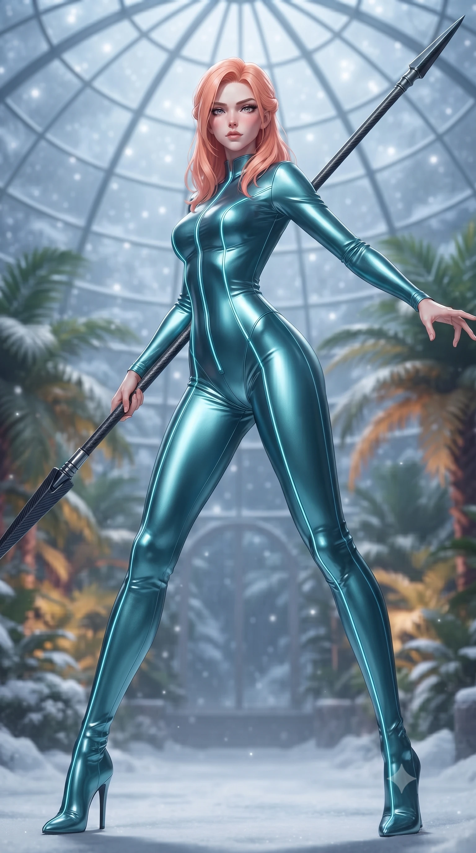 score_9, masterpiece, best quality, ultra-detailed, high-budget anime keyframe, editorial fashion photography, tasteful artistic composition, Japanese woman. low angle full-body shot from head to toe showing her feet, filling the entire 9:16 vertical frame with her statuesque presence, stretching her vertical silhouette. standing in a dynamic combat stance with a carbon-fiber spear held diagonally, stretching her statuesque body, the background shows a soft-focus a glass greenhouse dome built in a snowy biome, filled with warm tropical palms. She has an absolutely perfect, statuesque 8.5-heads proportion, an exceptionally tall and slender model-like female figure with impossibly long slender legs and an ultra-slim waist. sharp v-shaped jawline, high-bridge nose, intricate jewel-like eyes with depth, thick eyelashes, glossy lips with a natural sheen. wearing a tailored body-hugging metallic teal catsuit with thin cyan LED lighting trims along the seams. soft silver starlight filtering through glass panels, creating a cool ambient glow. ultra-reflective glossy finish, specular highlights, metallic sheen, high-contrast stereoscopic depth, volumetric dynamic lighting, 2k, ultra detail, master piece, 9:16 ratio