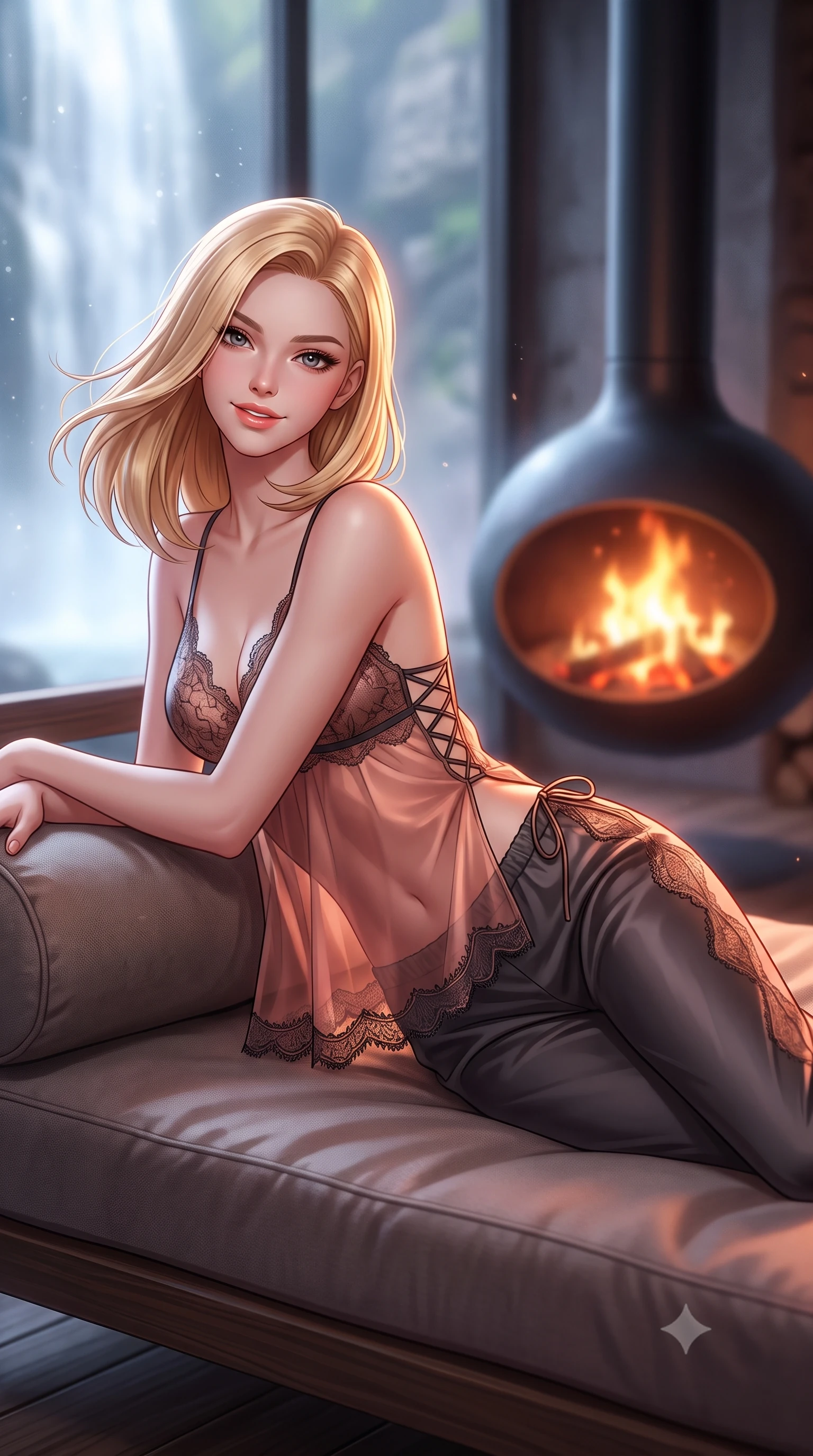 score_9, masterpiece, best quality, ultra-detailed, high-budget anime keyframe, semi-realistic 3D game render, editorial fashion photography, tasteful artistic composition, Korean woman. close-up cowboy shot from the waist and thighs up, the character dominates the composition, filling the frame with her large presence. turning slowly with an enchanting smoldering smile, her glossy hair tossing in the breeze as her hips angle gracefully in a captivating contrapposto while curled gracefully on the low daybed propped on one elbow, flashing a radiant, playful smile with parted glossy lips. The background shows a soft-focus circular suspended steel fireplace flames softened in dramatic fjord sanctuary shallow focus. She has an exceptionally elegant, slender, and willowy female figure with an ultra-slim waist, flat toned midriff, narrow ribcage, and sculpted feminine hips creating an alluring, slim hourglass silhouette without bulk. sharp v-shaped jawline, high-bridge nose, intricate jewel-like sparkling eyes with depth, thick eyelashes, glossy parted lips with a natural peach sheen, bright cheerful beaming smile with an enchanting and coquettish sensual glint, exuding both youthful cute charm and seductive allure, flawlessly proportioned anatomical accuracy, strict slender model proportions, natural body alignment, perfectly sculpted long slender limbs, ultra-slim waistline, clean dynamic posture without body distortion. wearing a delicate sheer lace babydoll camisole paired with matching satin tap pants with scalloped eyelash lace trim in sultry copper rose and deep shadow charcoal, crafted from translucent silk organza with an ethereal crystalline sheen, featuring fine criss-cross lace-up side ties revealing tantalizing glimpses of her hip curve, the form-contouring silhouette accentuating her sculpted flat midriff, narrow delicate ribcage, and gracefully curvy hips with intoxicating allure. bathed in the warm radiant 2100K hearth glow of the central suspended fire bowl mixed with cool silver waterfall mist. highly saturated vibrant anime colors, detailed shading with soft gradients, rich glossy textures, high-contrast stereoscopic depth, volumetric dynamic lighting, master piece, 9:16 ratio