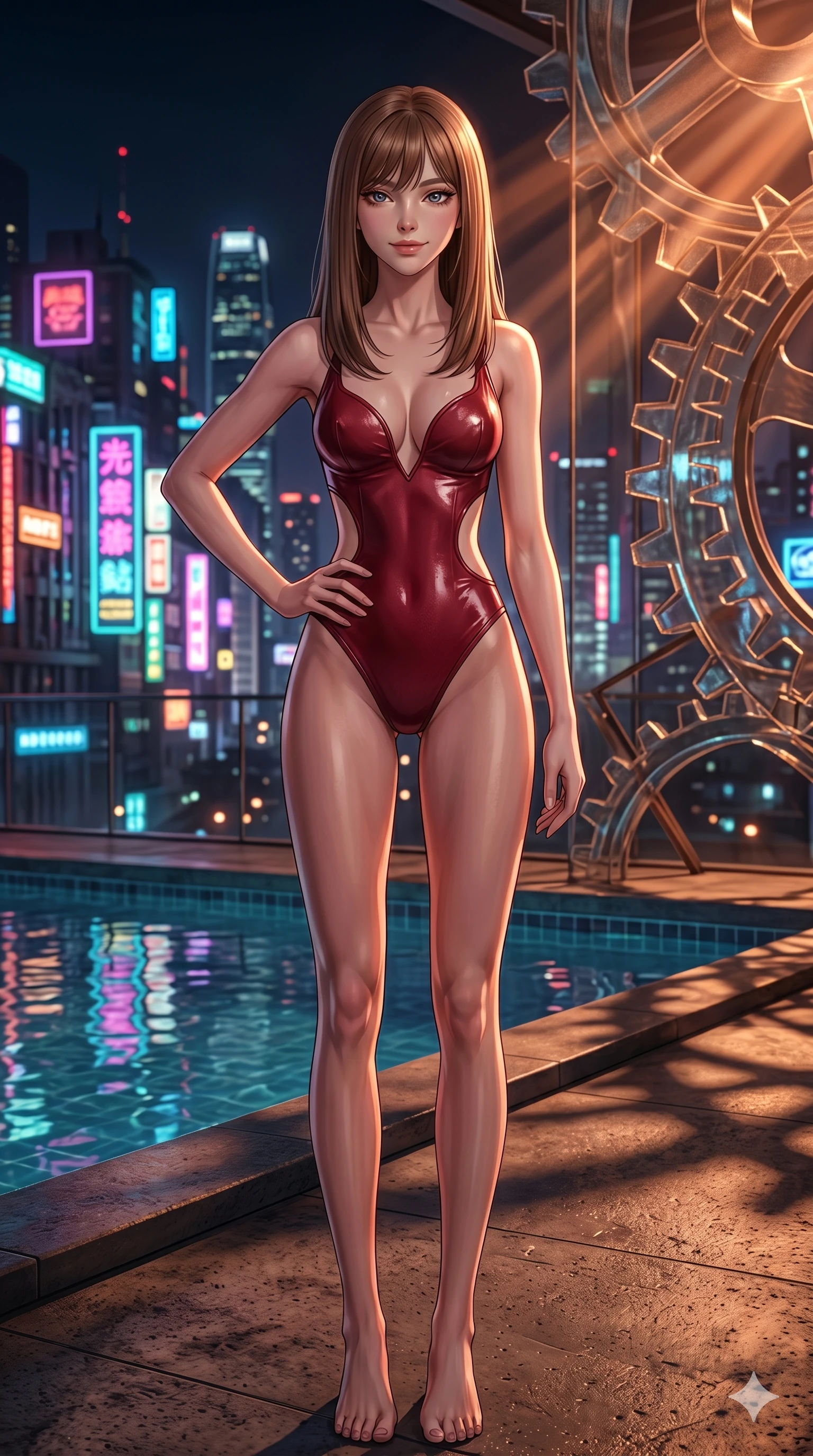 score_9, masterpiece, best quality, ultra-detailed, high-budget anime keyframe, editorial fashion photography, tasteful artistic composition, Korean woman. cowboy shot from the thighs up, character and outfit filling the frame for maximum editorial presence. resting her hand on her hip, looking at the viewer with a confident, bedroom-eyes smile on a private rooftop pool terrace overlooking a neon city (Code-P17-082). She has an absolutely perfect 8-heads proportion, an exceptionally tall and slender female figure with impossibly long slender legs and an ultra-slim waist. V-shaped jawline, high-bridge nose, intricate jewel-like eyes with depth, thick eyelashes, glossy lips with a natural sheen. wearing a wet-look latex bodysuit with side cutouts and a plunging neckline. amber and copper light rays refracting through the gears, creating deep dramatic shadows. 2k, ultra detail, master piece, 9:16 ratio