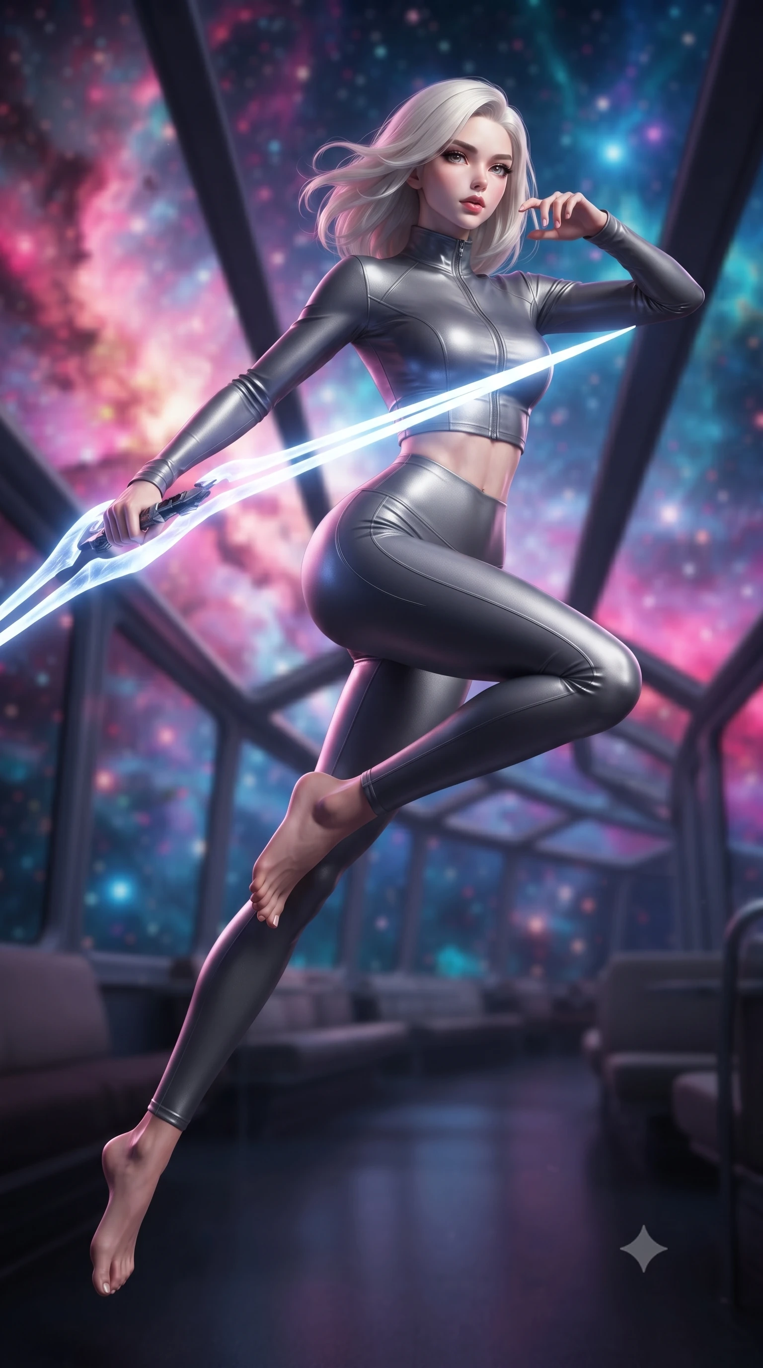 score_9, masterpiece, best quality, ultra-detailed, high-budget anime keyframe, editorial fashion photography, tasteful artistic composition, Caucasian woman. low angle full-body shot from head to toe showing her feet, filling the entire 9:16 vertical frame with her statuesque presence, stretching her vertical silhouette. leaping forward while slashing with a twin-bladed plasma sword in mid-air, her body-contouring suit showing her athletic silhouette, the background shows a soft-focus a rail observation deck train lounge winding through a cosmic nebula in space. She has an absolutely perfect, statuesque 8.5-heads proportion, an exceptionally tall and slender model-like female figure with impossibly long slender legs and an ultra-slim waist. sharp v-shaped jawline, high-bridge nose, intricate jewel-like eyes with depth, thick eyelashes, glossy lips with a natural sheen. wearing a slim-fit body-hugging high-neck activewear set of a tailored zip-up long-sleeve crop top and matching leggings in carbon-grey. glass train lounges catching the pink and purple hues of nebula light. ultra-reflective glossy finish, specular highlights, metallic sheen, high-contrast stereoscopic depth, volumetric dynamic lighting, 2k, ultra detail, master piece, 9:16 ratio
