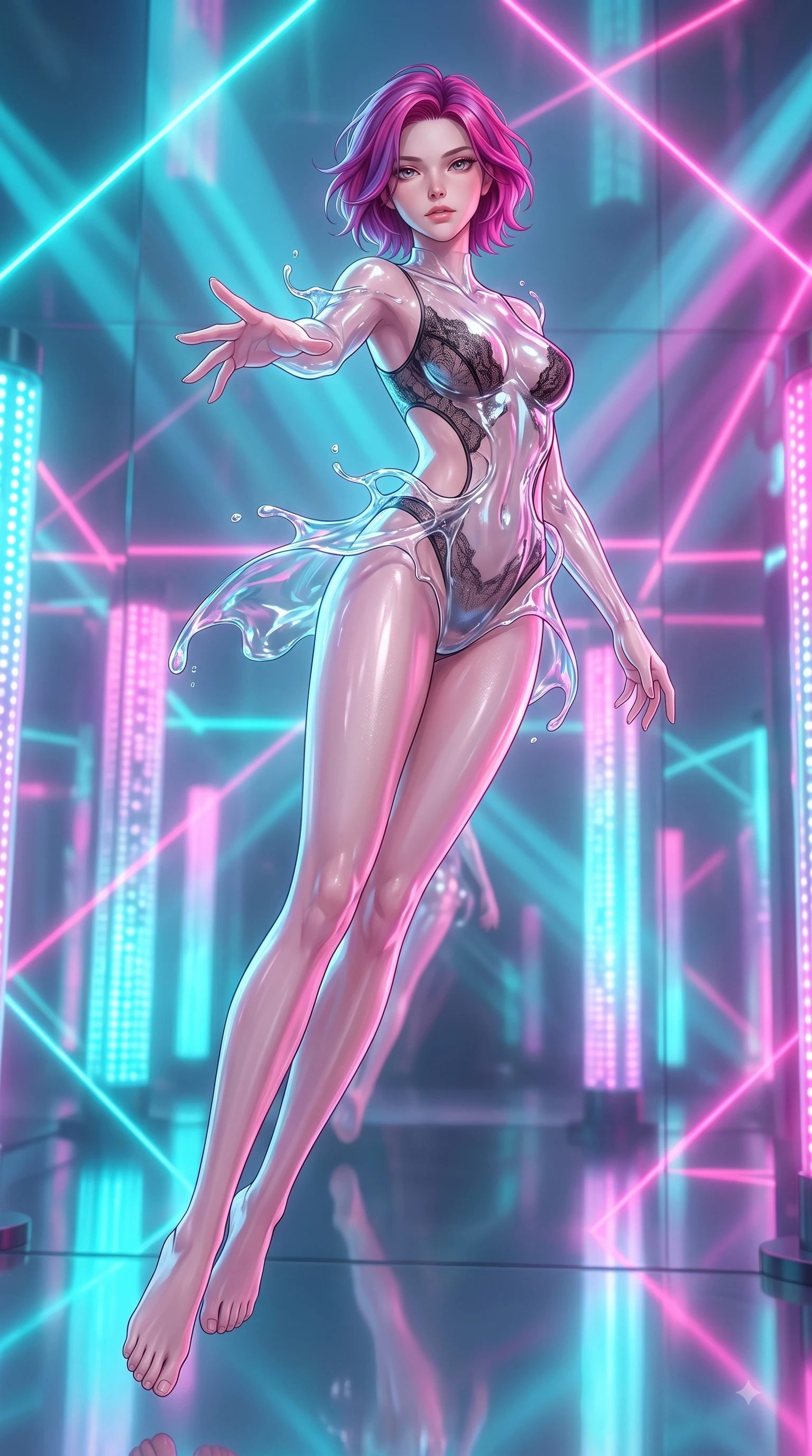 score_9, masterpiece, best quality, ultra-detailed, high-budget anime keyframe, editorial fashion photography, tasteful artistic composition, Caucasian woman woman. low angle full-body shot from head to toe showing her feet, filling the entire 9:16 vertical frame with her statuesque presence, stretching her vertical silhouette. She has an absolutely perfect, statuesque 8.5-heads proportion, an exceptionally tall and slender model-like female figure with impossibly long slender legs and an ultra-slim waist. floating dynamically in zero-gravity with flawless poise, reaching her hand forward gracefully, flawlessly proportioned anatomical accuracy, natural body alignment, perfectly sculpted elegant limbs, clean dynamic posture without body distortion. set against a soft-focus background of a reflective mirror chamber with rotating LED light pillars. wearing a translucent liquid acrylic splash bodysuit with delicate sheer lace panels and open waist. illuminated by shifting cyan and hot pink neon laser gridlines casting specular highlights. highly saturated vibrant anime colors, detailed shading with soft gradients, rich glossy textures, high-contrast stereoscopic depth, volumetric dynamic lighting, master piece, 9:16 ratio