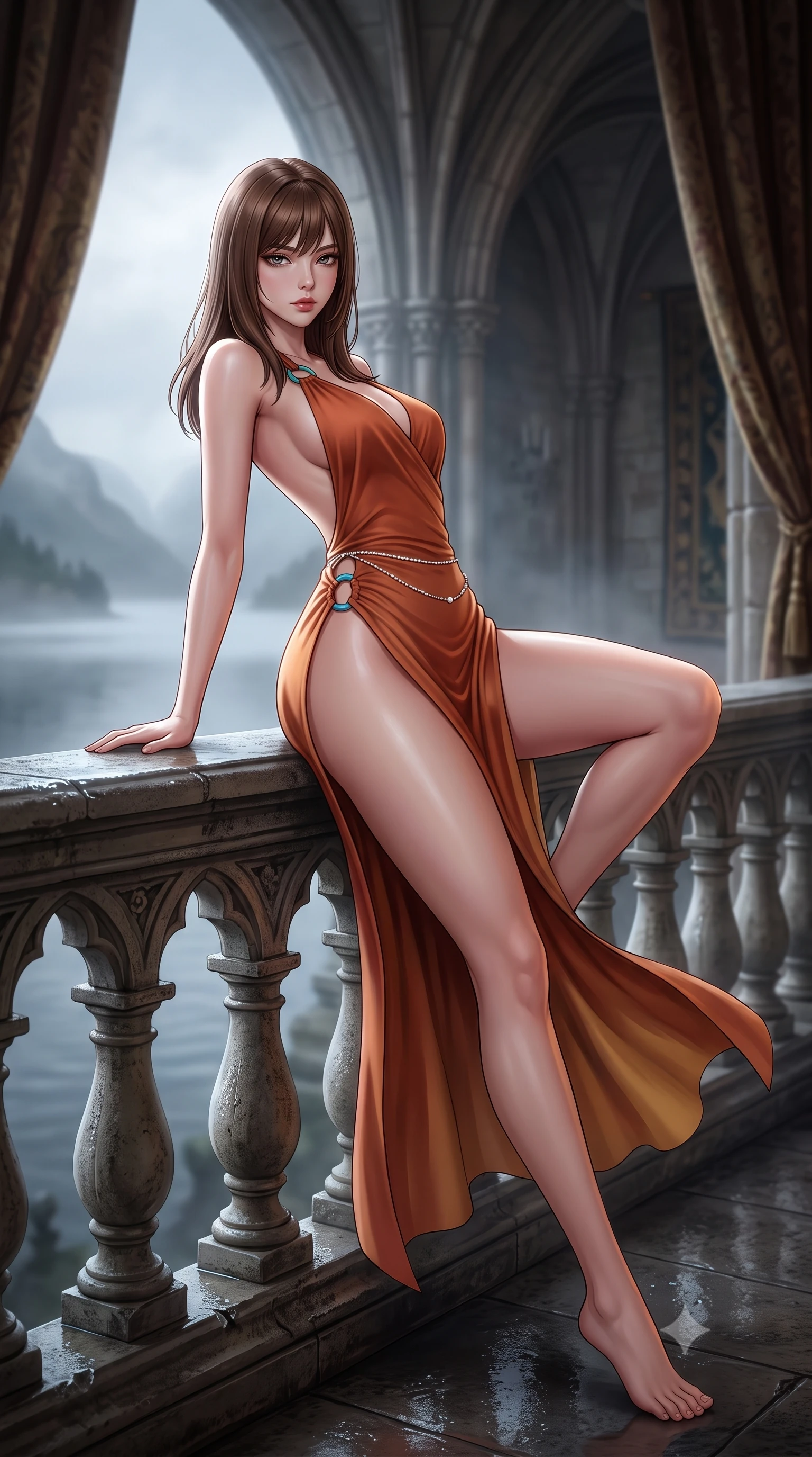 score_9, masterpiece, best quality, ultra-detailed, high-budget anime keyframe, semi-realistic 3D game render, editorial fashion photography, tasteful artistic composition, Korean woman. low angle full-body shot from head to toe showing her feet, filling the entire 9:16 vertical frame with her statuesque presence, stretching her vertical silhouette. reclining on her side in an elegant Cleopatra pose with one knee drawn up, the dramatic contour of her rounded hips and long slender legs commanding the 9:16 vertical frame while leaning against the damp carved limestone terrace balustrade overlooking misty Scottish lochs, arching her lower back in an alluring S-curve as wind flutters her dress. The composition keeps background elements in soft focus with creamy bokeh. towering gothic stone rib vaults and heavy velvet tapestries softened in moody shallow focus. She has an exceptionally tall and slender model-like 8.5-heads proportion, an ultra-slim waist, a flat toned midriff, narrow delicate ribcage, and beautifully sculpted feminine hips creating a graceful, slim hourglass silhouette without any bulky heaviness, with impossibly long slender legs. sharp v-shaped jawline, high-bridge nose, intricate jewel-like eyes with depth, thick eyelashes, glossy parted lips with a natural sheen, intensely captivating and seductive bedroom-eyes expression, flawlessly proportioned anatomical accuracy, strict slender model proportions, natural body alignment, perfectly sculpted long slender limbs, ultra-slim waistline, clean dynamic posture without body distortion. wearing a backless terracotta silk wrap dress featuring high-cut side hip slits and turquoise ring hardware in desert terracotta copper and sun-baked sand gold, tailored from liquid silk jersey adhering flawlessly to her slender build, accented with a dainty diamond waist chain catching the ambient light reflections, the liquid-tight tailored fabric clinging flawlessly to her narrow waist and rounded feminine hips, emphasizing every millimeter of her sculpted slim hourglass curves without any bulky heaviness. illuminated by crisp directional rim lighting sharply carving her razor-sharp jawline, narrow waist, and curvy hips. highly saturated vibrant anime colors, detailed shading with soft gradients, rich glossy textures, high-contrast stereoscopic depth, volumetric dynamic lighting, master piece, 9:16 ratio