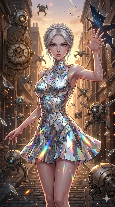 score_9, masterpiece, best quality, ultra-detailed, Set A: High-budget Anime Keyframe, Japanese woman. Upper body close-up from the thighs up, character filling the screen for maximum presence. Theme: Urban Decay. shattering the fabric of reality in 