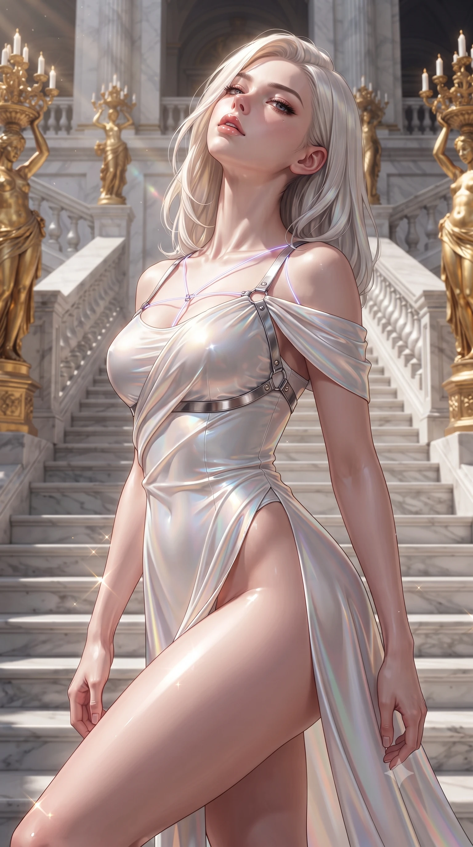 score_9, masterpiece, best quality, ultra-detailed, high-budget anime keyframe, editorial fashion photography, tasteful artistic composition, Caucasian woman. close-up cowboy shot from the waist and thighs up, the character dominates the composition, filling the frame with her large presence. tilting her head back with a sensual alluring expression, exposing her throat and shoulders to the camera with heavy lashes and softly parted glossy lips while ascending a grand marble staircase flanked by golden statues with radiant midday sunlight catching her draped silk gown. The surrounding environment is rendered in vivid detail and crisp panoramic clarity. intense natural daylight refractions and panoramic monumental architecture captured with environmental sharpness. She has an exceptionally elegant, slender, and willowy female figure with an ultra-slim waist, a gracefully sculpted slender torso, toned flat midriff, and a refined slim silhouette. sharp v-shaped jawline, high-bridge nose, intricate jewel-like eyes with depth, thick eyelashes, glossy lips with a natural sheen, flawlessly proportioned anatomical accuracy, strict slender model proportions, natural body alignment, perfectly sculpted long slender limbs, ultra-slim waistline, clean dynamic posture without body distortion. wearing a glossy white second-skin latex bodysuit with high-thigh cuts, exposed clavicle neckline, and gleaming zipper details in radiant crimson silk and crisp snow white, made of smooth iridescent silk chiffon that shifts colors with movement, reinforced by a sleek metallic chrome harness and delicate glowing micro-straps, the sleek second-skin cut tightly hugging her graceful clavicle, narrow waist, and feminine curves with athletic precision. illuminated by clear sky fill light and sparkling specular highlights tracing her slender curves. ultra-reflective glossy finish, specular highlights, metallic sheen, high-contrast stereoscopic depth, volumetric dynamic lighting, 2k, ultra detail, master piece, 9:16 ratio