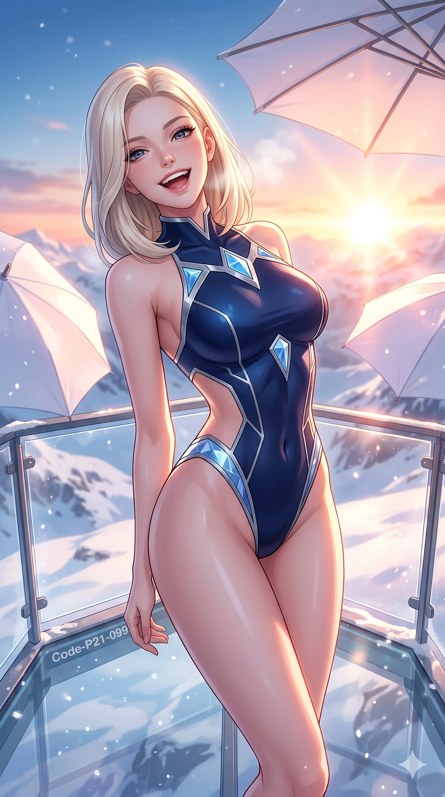 score_9, masterpiece, best quality, ultra-detailed, high-budget anime keyframe, vibrant anime aesthetic, Caucasian woman, strictly human ears. cowboy shot from the thighs up, character and outfit filling the frame for maximum presence. She is leaning back with a cheerful winter laugh, looking directly into the camera lens standing on a glass observation deck at snowy dawn (Code-P21-099). She has an absolutely perfect 8-heads proportion, an exceptionally tall and slender female figure with impossibly long slender legs and an ultra-slim waist. V-shaped jawline, high-bridge nose, intricate jewel-like eyes with depth, thick eyelashes, glossy lips with a natural sheen. wearing a sleek swimsuit with high-cut leg lines and exposed waist in winter. She is surrounded by bright sunbeams reflecting off white umbrellas, creating a luminous winter glow. 2k, ultra detail, master piece, 9:16 ratio