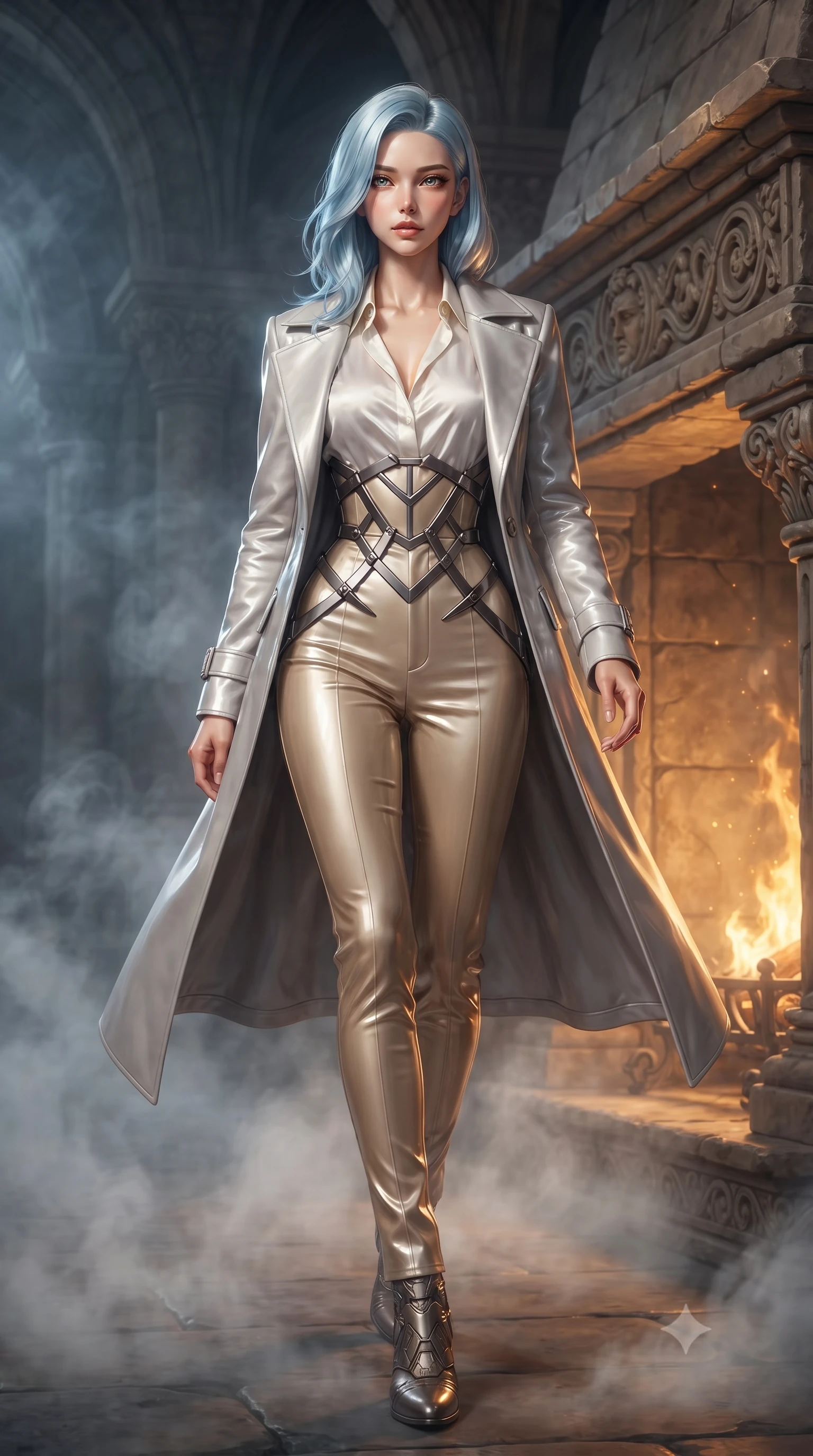 score_9, masterpiece, best quality, ultra-detailed, high-budget anime keyframe, editorial fashion photography, tasteful artistic composition, Korean woman. low angle full-body shot from head to toe showing her feet, filling the entire 9:16 vertical frame with her statuesque presence, stretching her vertical silhouette. forging confidently through the floating mist, holding a poised statuesque stance, poised beside a carved stone hearth as warm golden firelight illuminates her face, smooth skin finish glinting with warm amber specular highlights. She has an absolutely perfect, statuesque 8.5-heads proportion, an exceptionally tall and slender model-like female figure with impossibly long slender legs and an ultra-slim waist. sharp v-shaped jawline, high-bridge nose, intricate jewel-like eyes with depth, thick eyelashes, glossy lips with a natural sheen. wearing structured platinum leather long coat over white silk blouse and tailored slacks in champagne gold, made of high-gloss liquid vinyl, highlighted by a gunmetal metallic harness structure, contouring every curve with an exceptionally elegant silhouette. illuminated by warm orange firelight radiating from the stone hearth. ultra-reflective glossy finish, specular highlights, metallic sheen, high-contrast stereoscopic depth, volumetric dynamic lighting, 2k, ultra detail, master piece, 9:16 ratio