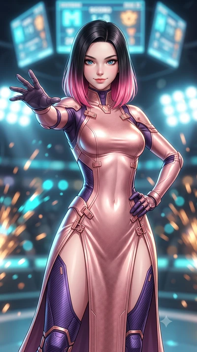 score_9, masterpiece, best quality, ultra-detailed, high-budget anime keyframe, semi-realistic 3D game render, editorial fashion photography, tasteful artistic composition, Korean woman. close-up cowboy shot from the waist and thighs up, the characte