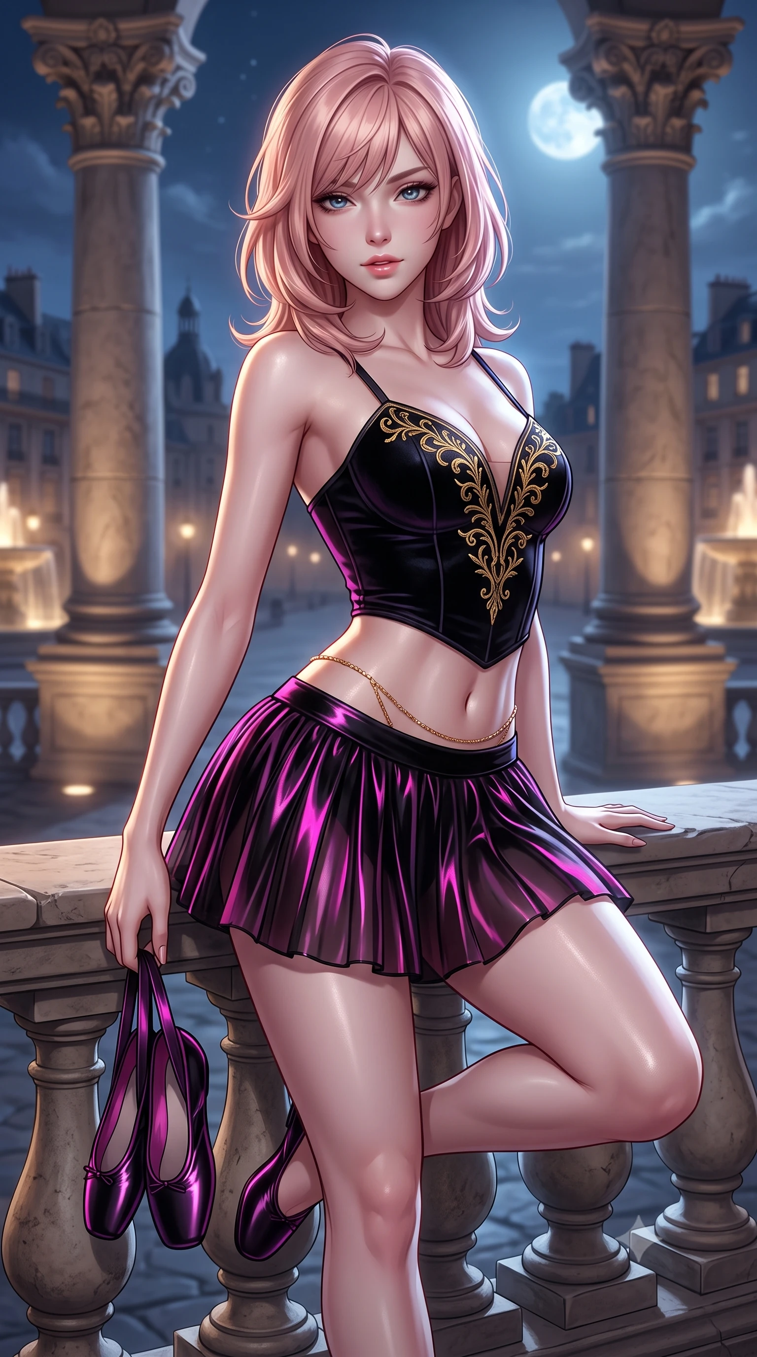 score_9, masterpiece, best quality, ultra-detailed, high-budget anime keyframe, semi-realistic 3D game render, editorial fashion photography, tasteful artistic composition, Japanese woman. close-up cowboy shot from the waist and thighs up, the character dominates the composition, filling the frame with her large presence. leaning forward while arching her lower back to accentuate her curvy hips, looking into the camera with an intoxicating smoldering gaze and bedroom-eyes while lounging on the stone balustrade with one knee bent, holding her satin ballet shoes with an enchanting, parted-lip smile. The background shows a soft-focus monumental stone column capitals softened in romantic Parisian night shallow focus. She has an exceptionally elegant, slender, and willowy female figure with an ultra-slim waist, flat toned midriff, narrow ribcage, and sculpted feminine hips creating an alluring, slim hourglass silhouette without bulk. sharp v-shaped jawline, high-bridge nose, sparkling eyes with hypnotic seductive depth, thick curled eyelashes, glossy parted lips with a natural dewy peach sheen, alluring bedroom-eyes with an enchanting coquettish smile, exuding magnetic siren charisma and sophisticated glamour, flawlessly proportioned anatomical accuracy, strict slender model proportions, natural body alignment, perfectly sculpted long slender limbs, ultra-slim waistline, clean dynamic posture without body distortion. wearing a structured velvet ballet bodice with gold filigree embroidery paired with an airy knife-pleated organza mini skirt in wet-look onyx black with electric magenta reflections, crafted from second-skin technical compression fabric with moisture-wicking stretch, accented with a dainty gold belly chain resting across her flat midriff and curving hips, the second-skin tailored fabric adhering flawlessly to her sculpted flat midriff and slender torso, emphasizing her long leg lines and perfectly proportioned willowy build. bathed in cool celestial moonlight streaming across the palace plaza paired with warm fountain spotlight fill. highly saturated vibrant anime colors, detailed shading with soft gradients, rich glossy textures, high-contrast stereoscopic depth, volumetric dynamic lighting, master piece, 9:16 ratio