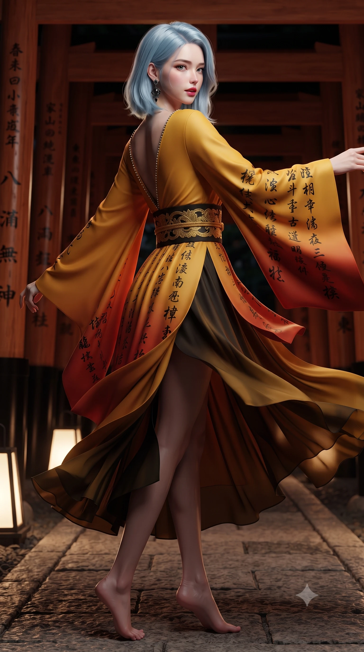score_9, masterpiece, best quality, ultra-detailed, high-budget anime keyframe, editorial fashion photography, tasteful artistic composition, Korean woman. low angle full-body shot from head to toe showing her feet, filling the entire 9:16 vertical frame with her statuesque presence, stretching her vertical silhouette. executing a graceful dancer pivot turn as her layered silk chima skirt flutters around her slender legs, glancing over her shoulder with an intoxicating bedroom-gaze while twisting her slender torso in an alluring S-curve, vertical black calligraphy inscriptions and red lantern glow tracing her tight fusion outfit. The surrounding environment is rendered in vivid detail and crisp panoramic clarity: sharp lacquered wood pillar grain, painted black kanji calligraphy, and stone pathway clarity in deep focus. She has an absolutely perfect, statuesque 8.5-heads proportion, an exceptionally tall and slender model-like female figure with impossibly long slender legs, an ultra-slim waist, a flat toned midriff, narrow delicate ribcage, and beautifully sculpted feminine hips creating a graceful, slim hourglass silhouette without any bulky heaviness. sharp v-shaped jawline, high-bridge nose, intricate jewel-like dark sparkling almond eyes with depth, thick lashes, glossy parted lips with a natural rose-plum sheen, bright alluring and coquettish smile with bedroom-eyes, exuding both timeless oriental elegance and sovereign high-fashion allure, flawlessly proportioned anatomical accuracy, strict slender model proportions, natural body alignment, perfectly sculpted long slender limbs, ultra-slim waistline, clean dynamic posture without body distortion. wearing a deep plunging-V modern kimono gown with wide flowing sleeves and a waist-cinching gold embroidered sash in antique saffron gold and ebony black, made of supple second-skin stretch silk jersey clinging flawlessly to her form, finished with subtle crystal rhinestones tracing the elegant neckline, the precision-cut side hip slits and low-back scoop framing her graceful spine and the sensual sweep of her slim, toned hips. illuminated by low pathway lanterns and sharp ruby-gold rim lights defining her razor-sharp jawline, narrow waist, and curvy hips. ultra-reflective glossy finish, specular highlights, rich textural contrasts, high-contrast stereoscopic depth, volumetric dynamic lighting, 2k, ultra detail, master piece, 9:16 ratio