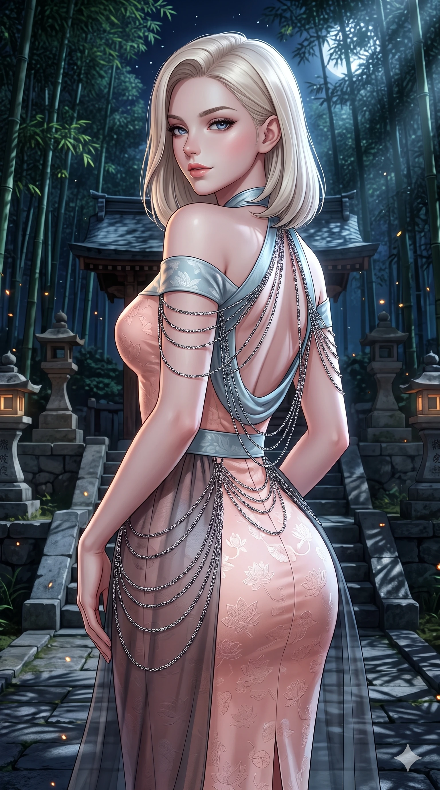 score_9, masterpiece, best quality, ultra-detailed, high-budget anime keyframe, semi-realistic 3D game render, editorial fashion photography, tasteful artistic composition, Caucasian woman. close-up cowboy shot from the waist and thighs up, the character dominates the composition, filling the frame with her large presence. posing in an alluring rear three-quarter angle, looking over a bare shoulder with parted glossy lips, her hips cocked back to highlight her slim hourglass curve while twisting her slender torso in an alluring contrapposto stance, moonlight filtering through bamboo leaves tracing her flat midriff. The surrounding environment is rendered in vivid detail and crisp panoramic clarity: detailed liquid-tight silk halter leotard tailoring, sheer nobang overskirt, and traditional shrine stonework in razor-sharp precision. She has an exceptionally elegant, slender, and willowy female figure with an ultra-slim waist, flat toned midriff, narrow ribcage, and sculpted feminine hips creating an alluring, slim hourglass silhouette without bulk. sharp v-shaped jawline, high-bridge nose, sparkling eyes with hypnotic seductive depth, thick curled eyelashes, glossy parted lips with a natural dewy peach sheen, alluring bedroom-eyes with an enchanting coquettish smile, exuding magnetic siren charisma and sophisticated glamour, flawlessly proportioned anatomical accuracy, strict slender model proportions, natural body alignment, perfectly sculpted long slender limbs, ultra-slim waistline, clean dynamic posture without body distortion. wearing a form-contouring off-shoulder modern hanbok midi dress with traditional curved neckline and low-back scoop in pastel peach blossom and celadon porcelain blue, tailored from rich silk jacquard with subtle embossed lotus blossom patterns, accented with an open-back drape framed by falling strands of delicate chrome chains, the glove-like clinging cut tightly following the natural contour of her hips and long slender legs with youthful 8.5-heads elegance. bathed in crisp silver moonlight filtering down through dense bamboo canopies creating intricate linear shadows. highly saturated vibrant anime colors, detailed shading with soft gradients, rich glossy textures, high-contrast stereoscopic depth, volumetric dynamic lighting, master piece, 9:16 ratio