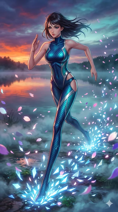 score_9, masterpiece, best quality, ultra-detailed, Set A: High-budget Anime Keyframe, Japanese woman. Low angle cowboy shot filling the entire 9:16 frame with her statuesque presence. Sprinting through a misty lakeside at dawn, as the ground beneath