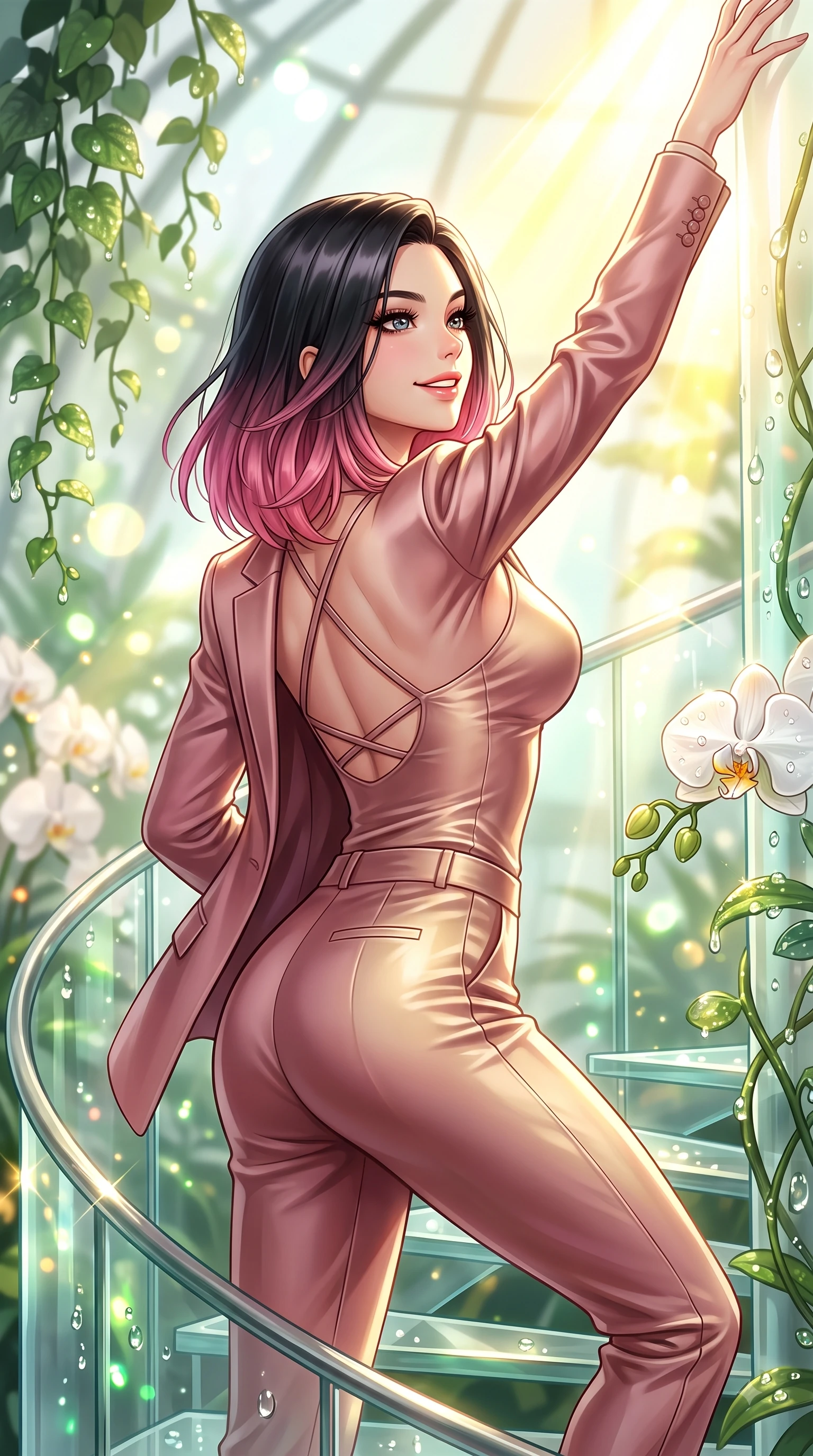 score_9, masterpiece, best quality, ultra-detailed, high-budget anime keyframe, editorial fashion photography, tasteful artistic composition, Korean woman. close-up cowboy shot from the waist and thighs up, the character dominates the composition, filling the frame with her large presence, background elements kept in soft focus. Extending one arm in an elegant stretch toward the sun while smiling with vibrant, magnetic self-assurance while ascending a vertical glass spiral staircase with a cheerful beaming expression, dewdrops on lush green vines and white orchids reflecting radiant gold and emerald. She has an exceptionally elegant, slender, and willowy female figure with an ultra-slim waist, a gracefully sculpted slender torso, and a refined silhouette. sharp v-shaped jawline, high-bridge nose, intricate jewel-like eyes with depth, thick eyelashes, glossy lips with a natural sheen, flawlessly proportioned anatomical accuracy, natural body alignment, perfectly sculpted elegant limbs, clean dynamic posture without body distortion. wearing a tailored silk blazer over a form-contouring scoop-neck top and slacks in dusty rose and champagne gold, crafted from smooth liquid silk, complemented by criss-cross back straps highlighting her bare shoulders, the tailored fabric tightly following every curve of her athletic build. surrounded by a bright, airy greenhouse ambiance with radiant white and green highlights. highly saturated vibrant anime colors, detailed shading with soft gradients, rich glossy textures, high-contrast stereoscopic depth, volumetric dynamic lighting, master piece, 9:16 ratio