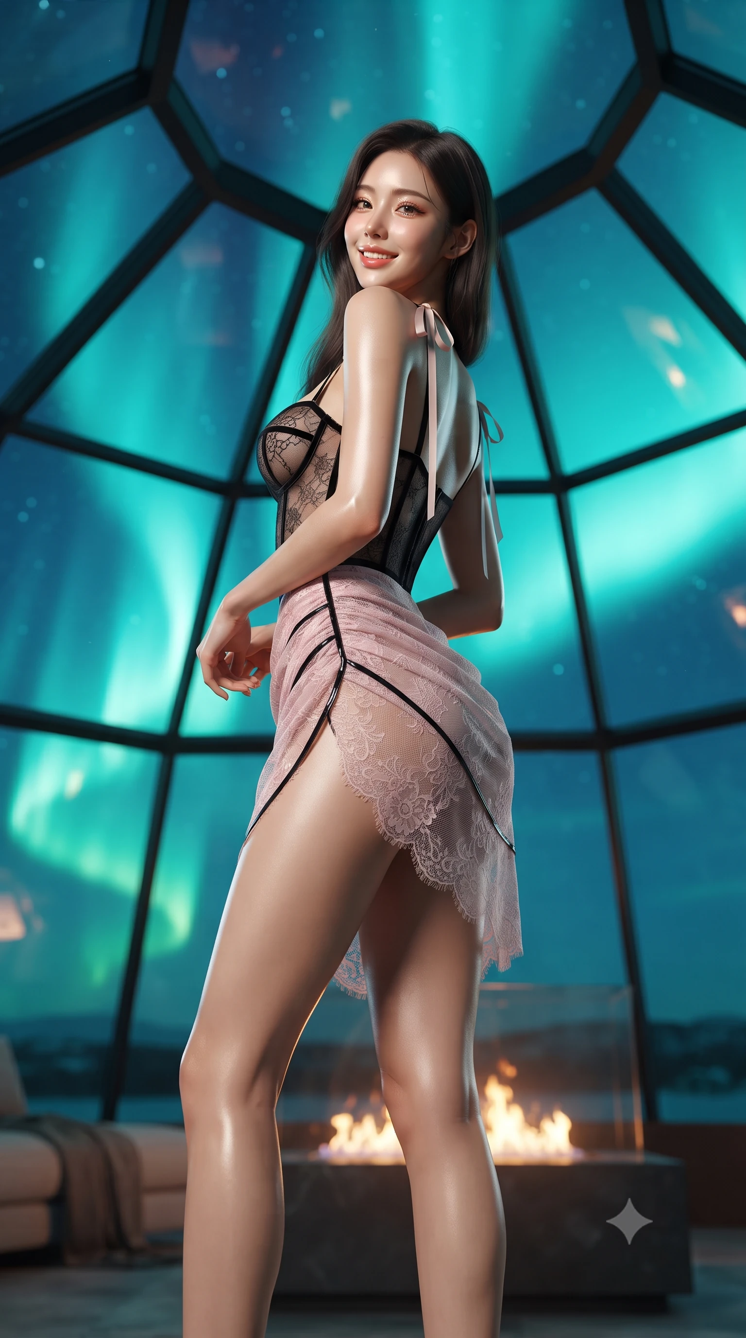 score_9, masterpiece, best quality, ultra-detailed, high-budget anime keyframe, editorial fashion photography, tasteful artistic composition, Korean woman. low angle full-body shot from head to toe showing her feet, filling the entire 9:16 vertical frame with her statuesque presence, stretching her vertical silhouette. posing in a classic haute-couture S-curve stance beside the floor-to-ceiling window, looking over a bare shoulder with magnetic presence while standing poised beneath the panoramic geodesic glass dome, arching her lower back with ethereal siren allure as colossal ribbons of emerald aurora dance across the sky. The background shows a soft-focus flickering ethanol fireplace flames softened in Arctic luxury dome sanctuary shallow focus. She has an exceptionally tall and slender model-like 8.5-heads proportion, an ultra-slim waist, a flat toned midriff, narrow delicate ribcage, and beautifully sculpted feminine hips creating a graceful, slim hourglass silhouette without any bulky heaviness, with impossibly long slender legs. sharp v-shaped jawline, high-bridge nose, intricate jewel-like sparkling eyes with depth, thick eyelashes, glossy parted lips with a natural peach sheen, bright cheerful beaming smile with an enchanting and coquettish sensual glint, exuding both youthful cute charm and seductive allure, flawlessly proportioned anatomical accuracy, strict slender model proportions, natural body alignment, perfectly sculpted long slender limbs, ultra-slim waistline, clean dynamic posture without body distortion. wearing a sculpted underwire bustier in sheer noir lace with velvet piping paired with an ultra-short draped tulip skirt in Kyoto moonlit sakura blush and polished urushi black, made of delicate semi-sheer French Chantilly lace with intricate eyelash edges, finished with satin ribbon ties at the shoulders fluttering in the gentle breeze, the high-slit wrap tailoring accentuating her ultra-slim waistline and the enchanting curve of her feminine hips with alluring seductive charm. bathed in the ethereal 5000K emerald-cyan luminescence of the Northern Lights mixed with warm 2200K interior hearth glows. ultra-reflective glossy finish, specular highlights, rich textural contrasts, high-contrast stereoscopic depth, volumetric dynamic lighting, 2k, ultra detail, master piece, 9:16 ratio