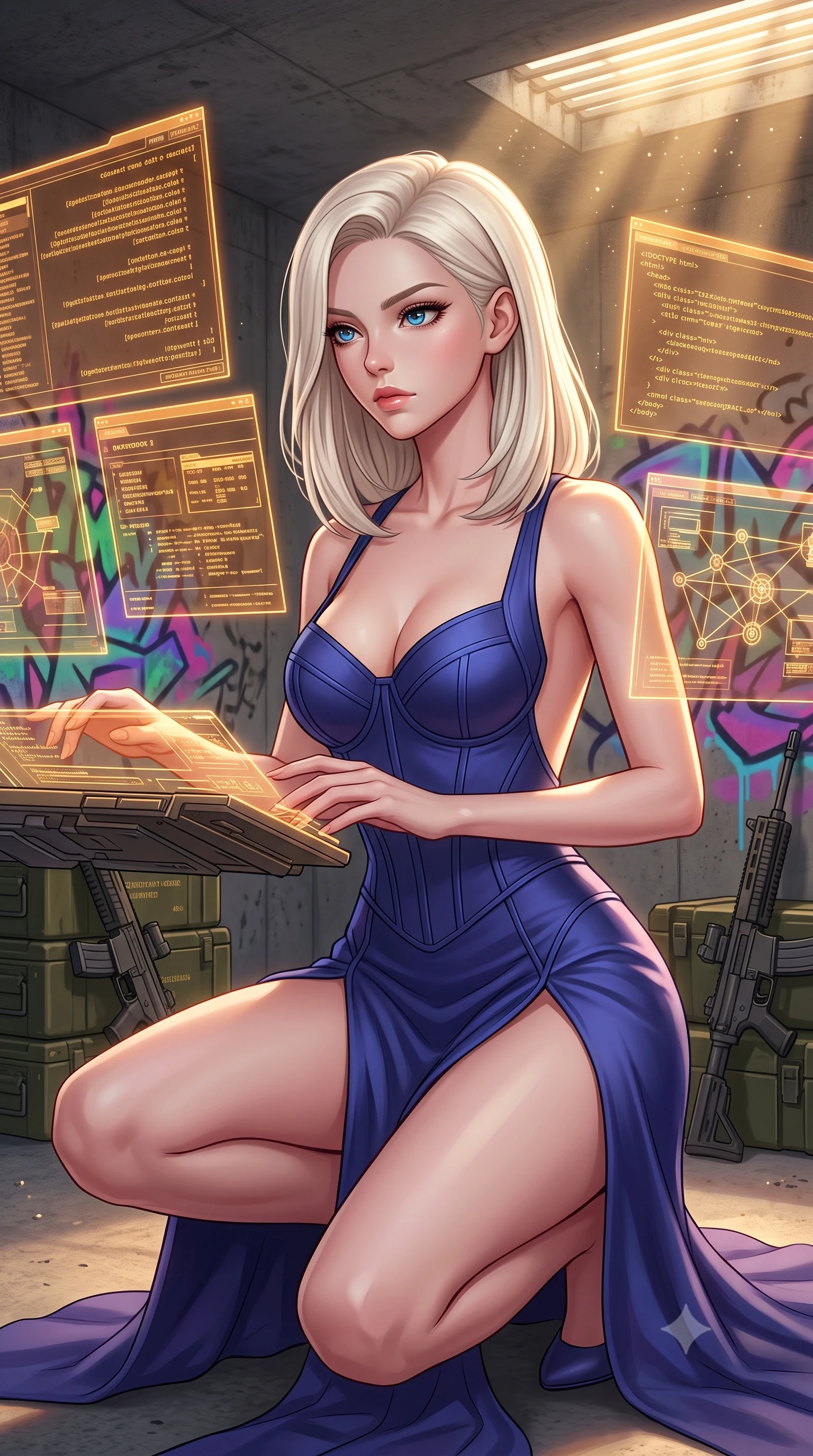 score_9, masterpiece, best quality, ultra-detailed, high-budget anime keyframe, editorial fashion photography, tasteful artistic composition, Caucasian woman, strictly human ears. close-up cowboy shot from the waist and thighs up, the character dominates the composition, filling the frame with her large presence, background elements kept in soft focus. Hacking a security terminal in a low crouch, fingers moving in a blur as amber code screens surround her. set against a soft-focus background of a concrete bunker decorated with holographic graffiti, with ammunition crates and tech rifles stacked in corners. She has an exceptionally elegant and slender, willowy female figure with an ultra-slim waist, a gracefully sculpted slender torso, and a refined slim physique. sharp v-shaped jawline, high-bridge nose, intricate jewel-like eyes with depth, thick eyelashes, glossy lips with a natural sheen. wearing tailored for maximum mobility, sleek form-contouring panels that allow fluid movement, a tailored structured bustier gown in deep indigo blue, featuring a boned bodice, a daring high front slit, and a completely open back. highly saturated vibrant anime colors, intense vivid color palette, soft 3D volumetric shading, volumetric dynamic lighting, golden hour sunlight streaming in warm shafts with floating dust particles catching the light. 2k, ultra detail, master piece, 9:16 ratio