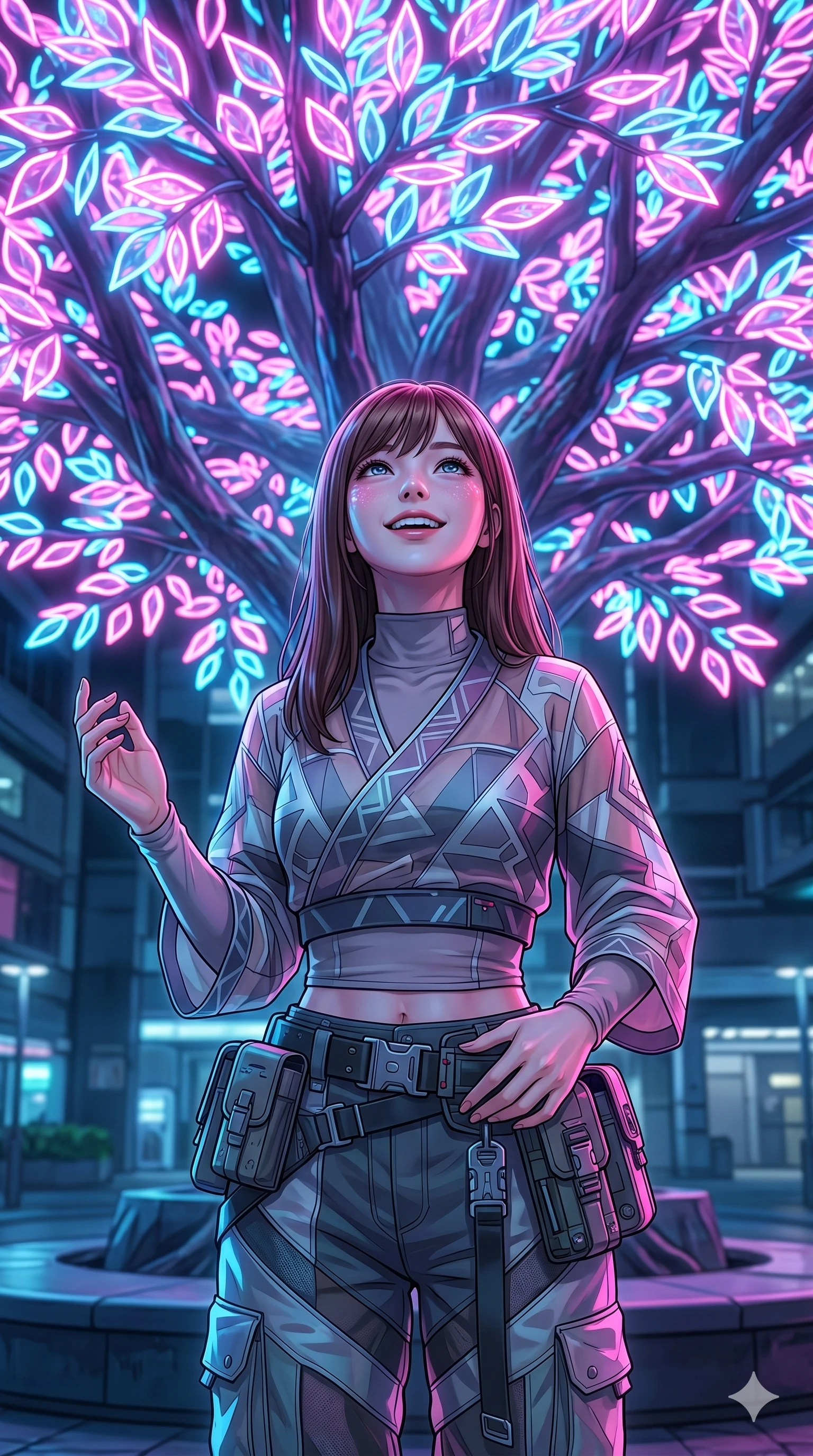 score_9, masterpiece, best quality, ultra-detailed, high-budget anime keyframe, editorial fashion photography, tasteful artistic composition, Korean woman. Upper body close-up from the thighs up, character filling the screen for maximum presence. Standing under a giant artificial tree with glowing neon leaves, looking up at the leaves, her face lit by colors with an awe-struck smile. She is wearing a cropped cyber-kimono wrap top with sheer panels and a utility belt. The scene is illuminated by the shifting pink and blue glow of the neon leaves. 2k, ultra detail, master piece, 9:16 ratio