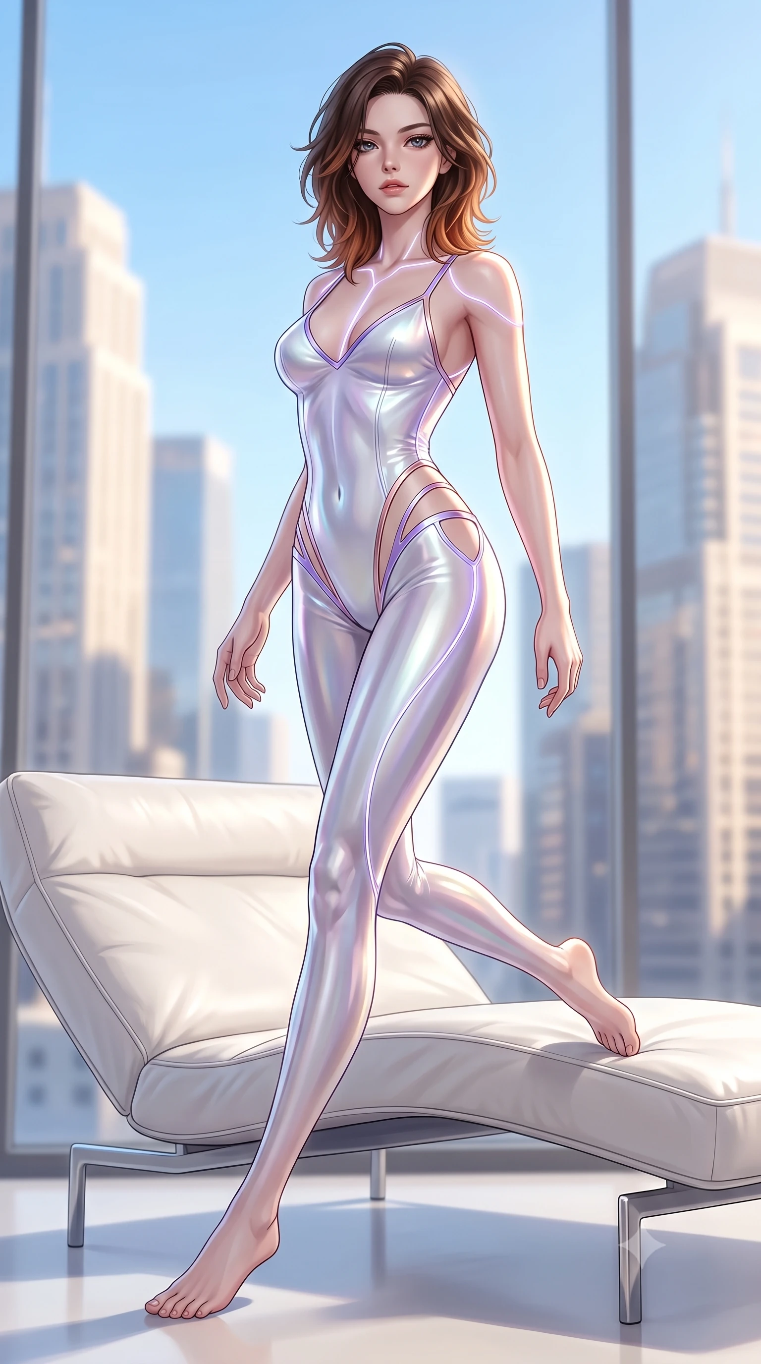 score_9, masterpiece, best quality, ultra-detailed, high-budget anime keyframe, semi-realistic 3D game render, editorial fashion photography, tasteful artistic composition, Korean woman. low angle full-body shot from head to toe showing her feet, filling the entire 9:16 vertical frame with her statuesque presence, stretching her vertical silhouette. pivoting dynamically in mid-motion with a breathtakingly alluring posture, displaying her flawless model proportions and ultra-slim waist while stretching her long slender legs along a low white leather lounger as natural daylight floods the interior. The composition keeps background elements in soft focus with creamy bokeh. sunlit skyscraper towers and clear blue skies blurred into bright, clean high-key urban bokeh. She has an absolutely perfect, statuesque 8.5-heads proportion, an exceptionally tall and slender model-like female figure with impossibly long slender legs, a toned flat midriff, and an ultra-slim waist. sharp v-shaped jawline, high-bridge nose, intricate jewel-like eyes with depth, thick eyelashes, glossy lips with a natural sheen, flawlessly proportioned anatomical accuracy, strict slender model proportions, natural body alignment, perfectly sculpted long slender limbs, ultra-slim waistline, clean dynamic posture without body distortion. wearing a second-skin white liquid-mercury micro-bodysuit sculpted tightly to her slender build, featuring razor-thin metallic straps and hip cutouts in luminous lavender violet and rose gold, made of smooth iridescent silk chiffon that shifts colors with movement, accented with glowing fiber-optic seams tracing her collarbones and hip curves, the glove-like aerodynamic second-skin fit tightly clinging to her ultra-slender waist and athletic curves without adding bulk, accentuating her razor-sharp statuesque lines and slim hourglass silhouette. surrounded by a hyper-clean, sophisticated, and ultra-chic luxury editorial aura. highly saturated vibrant anime colors, detailed shading with soft gradients, rich glossy textures, high-contrast stereoscopic depth, volumetric dynamic lighting, master piece, 9:16 ratio