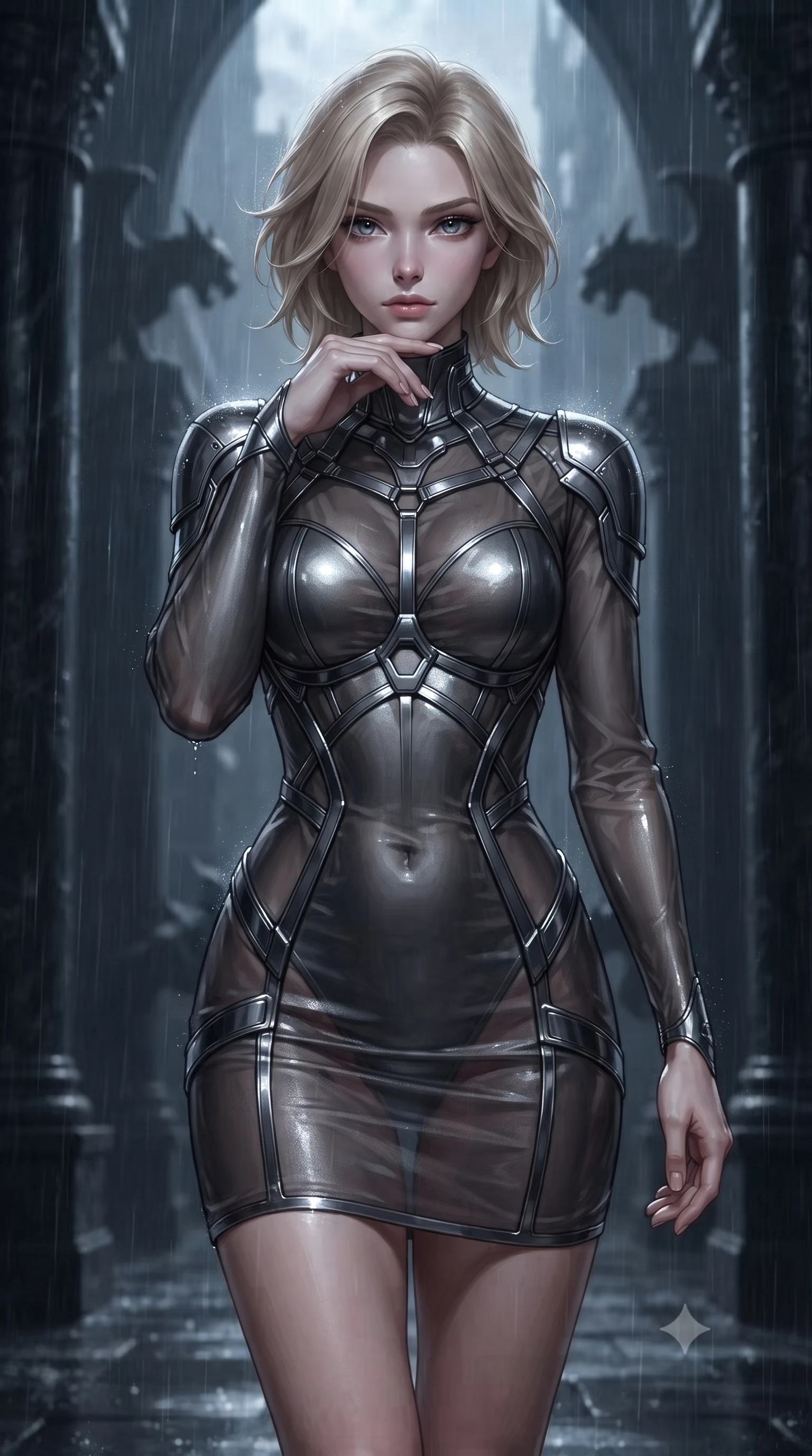 score_9, masterpiece, best quality, ultra-detailed, high-budget anime keyframe, editorial fashion photography, tasteful artistic composition, Caucasian woman. close-up cowboy shot from the waist and thighs up, the character dominates the composition, filling the frame with her large presence, background elements kept in soft focus. Resting her chin on the backs of her fingers with an air of effortless superiority, walking along an aisle of pitch-black marble pillars enveloped in torrential midnight rain, shadowy gargoyle silhouettes looming ominously in the background. She has an exceptionally elegant, slender, and willowy female figure with an ultra-slim waist, a gracefully sculpted slender torso, and a refined silhouette. sharp v-shaped jawline, high-bridge nose, intricate jewel-like eyes with depth, thick eyelashes, glossy lips with a natural sheen. wearing aerodynamic second-skin dark silver metallic bodycon dress in metallic dark silver, made of sheer dark organza overlay, highlighted by a gunmetal metallic harness structure, following her slender form with tailored precision. surrounded by cool silvery moonlight contrast against pitch-black cathedral architecture. ultra-reflective glossy finish, specular highlights, metallic sheen, high-contrast stereoscopic depth, volumetric dynamic lighting, 2k, ultra detail, master piece, 9:16 ratio
