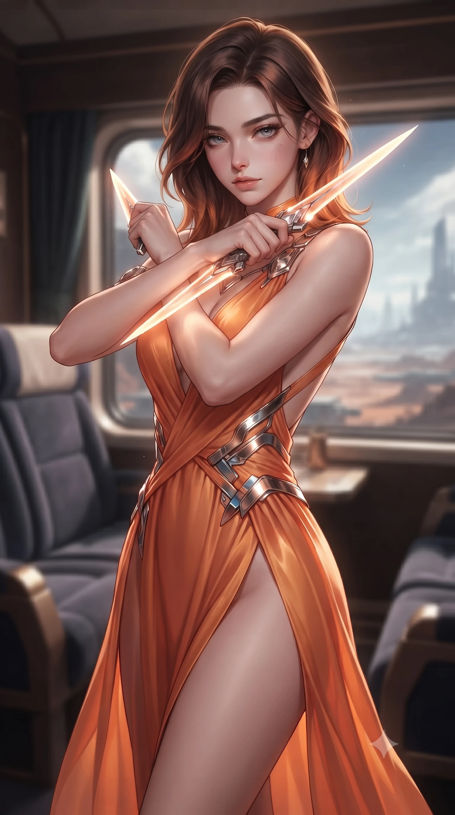 score_9, masterpiece, best quality, ultra-detailed, high-budget anime keyframe, editorial fashion photography, tasteful artistic composition, Korean woman. close-up cowboy shot from the waist and thighs up, the character dominates the composition, filling the frame with her large presence, background elements kept in soft focus. holding two energy daggers crossed in front of her elegant collarbone, casting a heavy-lidded, sultry look, the background shows a soft-focus a private compartment on a scenic rail liner with velvet passenger seats. She has an exceptionally elegant, slender, and willowy female figure with an ultra-slim waist, a gracefully sculpted slender torso, and a refined silhouette. sharp v-shaped jawline, high-bridge nose, intricate jewel-like eyes with depth, thick eyelashes, glossy lips with a natural sheen. wearing a form-contouring high-slit space combat gown in sunset orange chiffon, featuring a daring thigh-slit and an open-back design. soft spotlighting highlighting the detailed fabrics and textures of her gear. ultra-reflective glossy finish, specular highlights, metallic sheen, high-contrast stereoscopic depth, volumetric dynamic lighting, 2k, ultra detail, master piece, 9:16 ratio