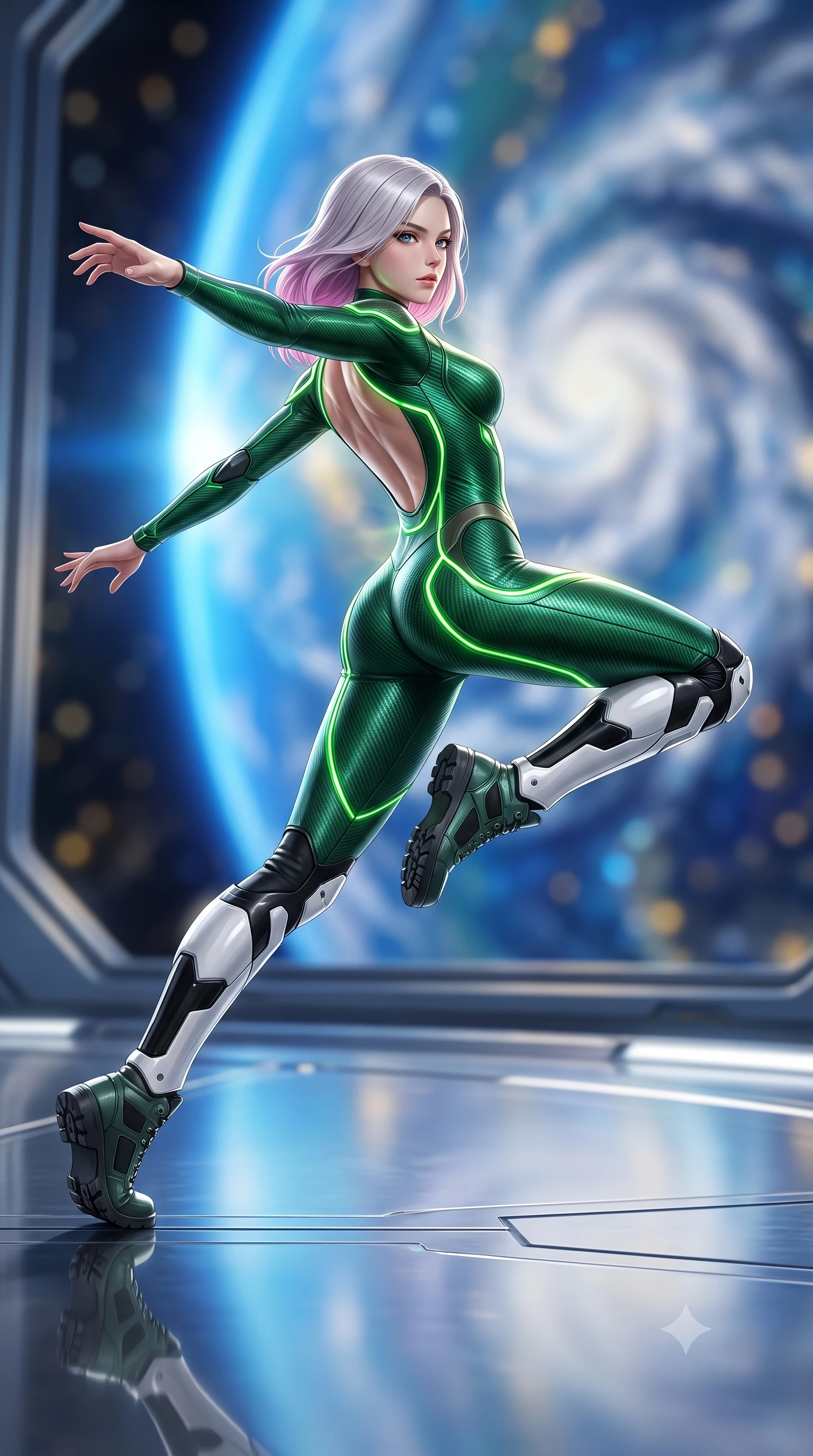 score_9, masterpiece, best quality, ultra-detailed, high-budget anime keyframe, semi-realistic 3D game render, editorial fashion photography, tasteful artistic composition, Caucasian woman. low angle full-body shot from head to toe showing her feet, filling the entire 9:16 vertical frame with her statuesque presence, stretching her vertical silhouette. pivoting dynamically in a high-speed low sweep kick along the reflective floor, her athletic torso and ultra-slim waist twisting in a fluid arc of power while arching her back gracefully in zero-gravity with arms outstretched in fluid kinetic tension as solar rays trace her torso. The composition keeps background elements in soft focus with creamy bokeh. glowing blue curve of planet Earth and swirling white cloud spirals blurred into radiant azure, gold, and indigo bokeh. She has an absolutely perfect, statuesque 8.5-heads proportion, an exceptionally tall and slender model-like female figure with impossibly long slender legs, a toned flat midriff, and an ultra-slim waist. sharp v-shaped jawline, high-bridge nose, intricate jewel-like eyes with depth, thick eyelashes, glossy lips with a natural sheen, flawlessly proportioned anatomical accuracy, strict slender model proportions, natural body alignment, perfectly sculpted long slender limbs, ultra-slim waistline, clean dynamic posture without body distortion. wearing a tailored emerald-green carbon-fiber tactical jumpsuit with glowing lime LED channels, open cowl back, and reinforced combat shin-guards in monochrome white enamel carbon with high-contrast black panels, made of liquid carbon-jersey fabric adhering flawlessly to her sculpted silhouette, accented with glowing fiber-optic conduits tracing her collarbones and hip curves, the form-contouring material adhering flawlessly to her sculpted flat midriff and slender torso, emphasizing her long leg lines and perfectly proportioned willowy build. illuminated by crisp white key light and sharp specular highlights tracing her ultra-slim waist and long legs. rich saturated anime colors with glowing neon highlights, detailed shading with soft gradients, rich glossy textures, high-contrast stereoscopic depth, volumetric dynamic lighting, master piece, 9:16 ratio