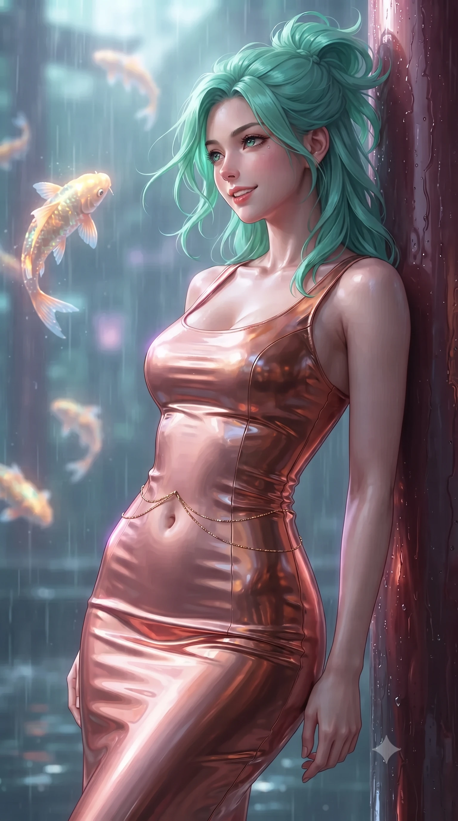 score_9, masterpiece, best quality, ultra-detailed, high-budget anime keyframe, editorial fashion photography, tasteful artistic composition, Japanese woman. close-up cowboy shot from the waist and thighs up, the character dominates the composition, filling the frame with her large presence. turning slowly with an enchanting smoldering smile, her glossy hair tossing in the breeze as her hips angle gracefully in a captivating contrapposto while leaning against the wet lacquer shrine pillar with hips cocked back, gazing at swimming holographic gold koi fish with smoldering bedroom-eyes. The background shows a soft-focus translucent digital rain cascades softened in cyber-shinto sacred sanctuary shallow focus. She has an exceptionally elegant, slender, and willowy female figure with an ultra-slim waist, flat toned midriff, narrow ribcage, and sculpted feminine hips creating an alluring, slim hourglass silhouette without bulk. sharp v-shaped jawline, high-bridge nose, intricate jewel-like sparkling eyes with depth, thick eyelashes, glossy parted lips with a natural peach sheen, bright cheerful beaming smile with an enchanting and coquettish sensual glint, exuding both youthful cute charm and seductive allure, flawlessly proportioned anatomical accuracy, strict slender model proportions, natural body alignment, perfectly sculpted long slender limbs, ultra-slim waistline, clean dynamic posture without body distortion. wearing an ultra-sleek high-gloss patent leather sheath dress contouring her ultra-slim waistline and feminine hips in high-gloss rose-gold and burnished copper, tailored from high-gloss patent leather with mirror-like specular highlights, accented with a dainty gold belly chain resting across her flat midriff and curving hips, the second-skin tailored fabric adhering flawlessly to her sculpted flat midriff and slender torso, emphasizing her long leg lines and perfectly proportioned willowy build. illuminated by mirrored water reflection bounce and sharp neon-violet rim lights defining her dewy collarbones, ultra-slim waist, and curvy hips. ultra-reflective glossy finish, specular highlights, rich textural contrasts, high-contrast stereoscopic depth, volumetric dynamic lighting, 2k, ultra detail, master piece, 9:16 ratio
