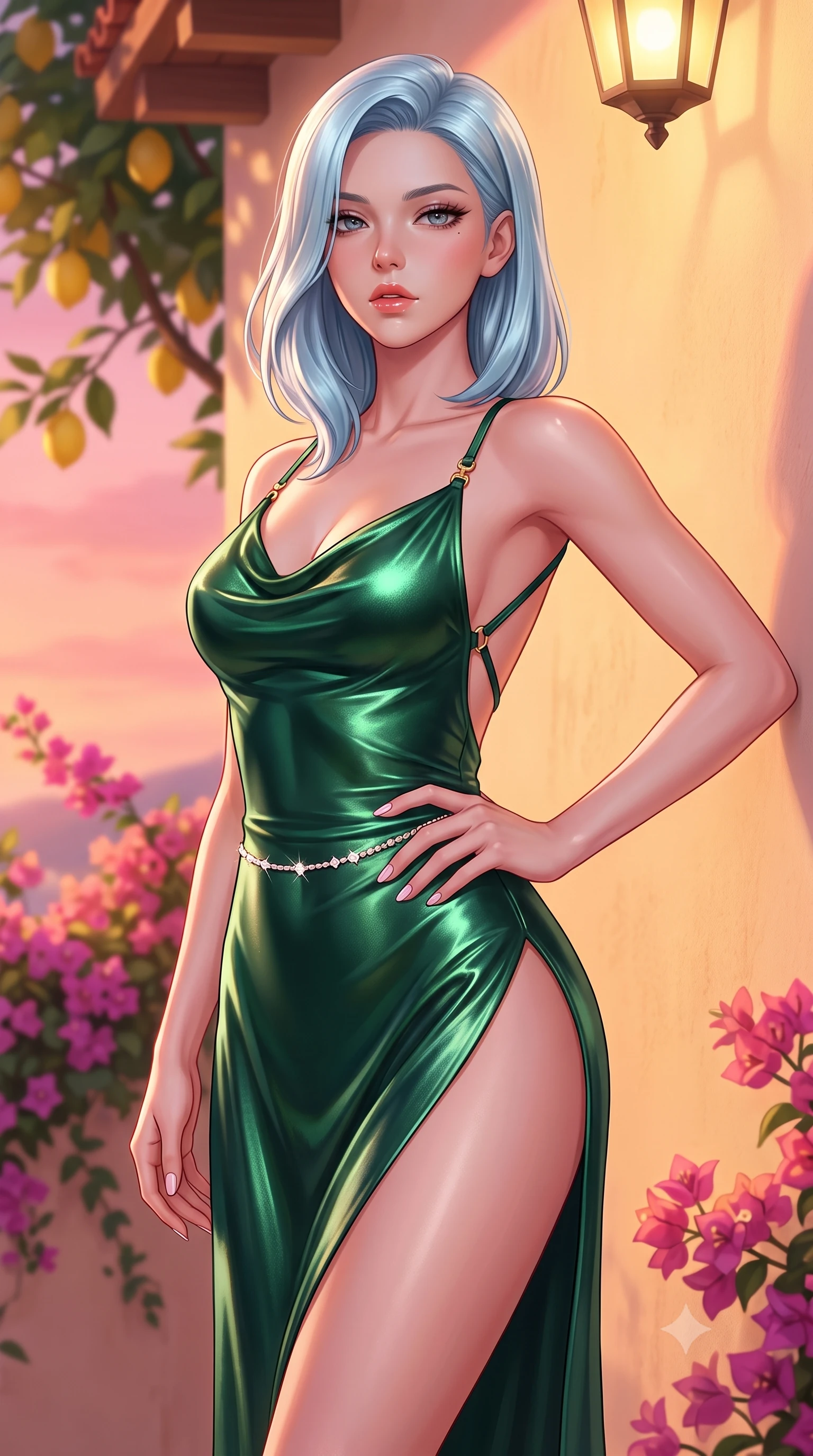 score_9, masterpiece, best quality, ultra-detailed, high-budget anime keyframe, semi-realistic 3D game render, editorial fashion photography, tasteful artistic composition, Korean woman. close-up cowboy shot from the waist and thighs up, the character dominates the composition, filling the frame with her large presence. resting one manicured hand delicately on her hip bone, her upper body turning in a fluid, seductive S-curve while parted lips glisten in the light while standing poised against the pastel-yellow cliffside villa wall, twisting her slender torso in an alluring contrapposto stance in the evening breeze. The composition keeps background elements in soft focus with creamy bokeh. vibrant bougainvillea flower clusters and lemon tree branches softened in romantic shallow focus. She has an exceptionally elegant, slender, and willowy female figure with an ultra-slim waist, flat toned midriff, narrow ribcage, and sculpted feminine hips creating an alluring, slim hourglass silhouette without bulk. sharp v-shaped jawline, high-bridge nose, intricate jewel-like eyes with depth, thick eyelashes, glossy parted lips with a natural sheen, intensely captivating and seductive bedroom-eyes expression, flawlessly proportioned anatomical accuracy, strict slender model proportions, natural body alignment, perfectly sculpted long slender limbs, ultra-slim waistline, clean dynamic posture without body distortion. wearing a backless cowl-neck satin slip dress featuring high-cut side hip slits and delicate criss-cross back straps in deep emerald green satin and gold hardware, crafted from luxurious metallic lamé that shifts radiance with every step, accented with a dainty diamond waist chain catching the ambient light reflections, the form-contouring material adhering flawlessly to her sculpted flat midriff and slender torso, emphasizing her long leg lines and perfectly proportioned willowy build. bathed in rich pastel dusk pink and peach sunset glow contrasting with warm terrace lantern downlights. highly saturated vibrant anime colors, detailed shading with soft gradients, rich glossy textures, high-contrast stereoscopic depth, volumetric dynamic lighting, master piece, 9:16 ratio
