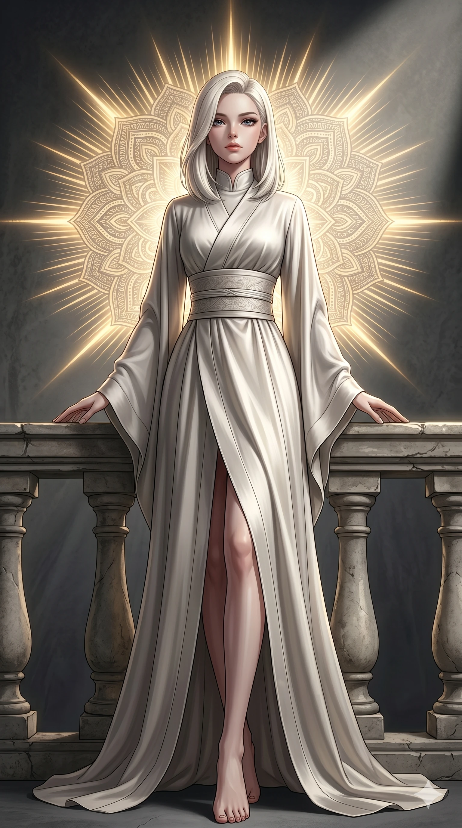 score_9, masterpiece, best quality, ultra-detailed, high-budget anime keyframe, editorial fashion photography, tasteful artistic composition, Caucasian woman, strictly human ears. low angle full-body shot from head to toe showing her feet, filling the entire 9:16 vertical frame with her statuesque presence, stretching her vertical silhouette. resting her hands on the stone railing, looking past the camera with wistful, serene self-assurance inside a high-fashion studio with a dark grey backdrop and a spotlight (Code-P18-019). She has an absolutely perfect 8-heads proportion, an exceptionally tall and slender female figure with impossibly long slender legs and an ultra-slim waist. V-shaped jawline, high-bridge nose, intricate jewel-like eyes with depth, thick eyelashes, glossy lips with a natural sheen. wearing a high-neck heavy silk robe with elegant flowing sleeves and a wide sash. brilliant golden rays radiating from the center mandala, creating a holy glowing aura. 2k, ultra detail, master piece, 9:16 ratio