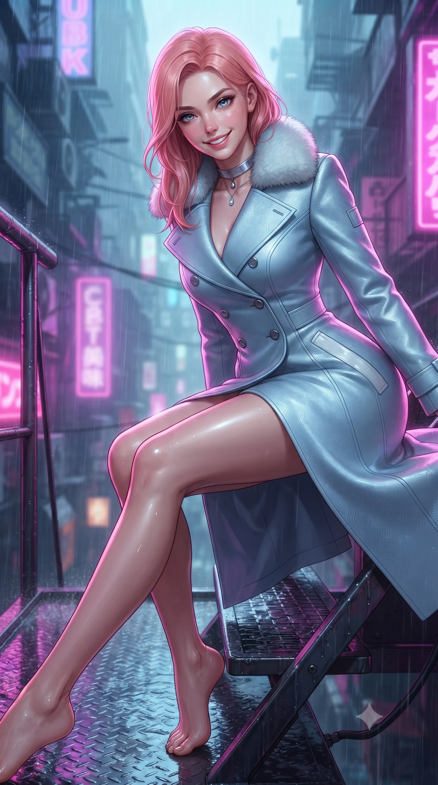 score_9, masterpiece, best quality, ultra-detailed, high-budget anime keyframe, editorial fashion photography, tasteful artistic composition, Japanese woman. close-up cowboy shot from the waist and thighs up, the character dominates the composition, filling the frame with her large presence. leaning forward while arching her lower back to accentuate her curvy hips, looking into the camera with an intoxicating smoldering gaze and bedroom-eyes while reclining gracefully on the sheltered neon-lit fire escape landing with legs extended, displaying her long slender limbs and statuesque hourglass silhouette amid rain-washed cyber-chaos. The background shows a soft-focus fine acid rain mist softened in cyberpunk Shinjuku alley canyon shallow focus. She has an exceptionally elegant, slender, and willowy female figure with an ultra-slim waist, flat toned midriff, narrow ribcage, and sculpted feminine hips creating an alluring, slim hourglass silhouette without bulk. sharp v-shaped jawline, high-bridge nose, intricate jewel-like sparkling eyes with depth, thick eyelashes, glossy parted lips with a natural peach sheen, bright cheerful beaming smile with an enchanting and coquettish sensual glint, exuding both youthful cute charm and seductive allure, flawlessly proportioned anatomical accuracy, strict slender model proportions, natural body alignment, perfectly sculpted long slender limbs, ultra-slim waistline, clean dynamic posture without body distortion. wearing a futuristic double-breasted arctic combat officer greatcoat with thermal fur-lined collar and tailored wool trousers in arctic cryo-glacier ice blue and platinum white, woven from structured carbon-fiber jacquard with rich textural depth, finished with a minimalist chrome choker and a single teardrop diamond pendant, the impeccably tailored cut draping gracefully along her slender figure with aristocratic poise. illuminated by wet metal reflection bounce and sharp neon-magenta rim lights defining her razor-sharp jawline, narrow waist, and curvy hips. ultra-reflective glossy finish, specular highlights, rich textural contrasts, high-contrast stereoscopic depth, volumetric dynamic lighting, 2k, ultra detail, master piece, 9:16 ratio