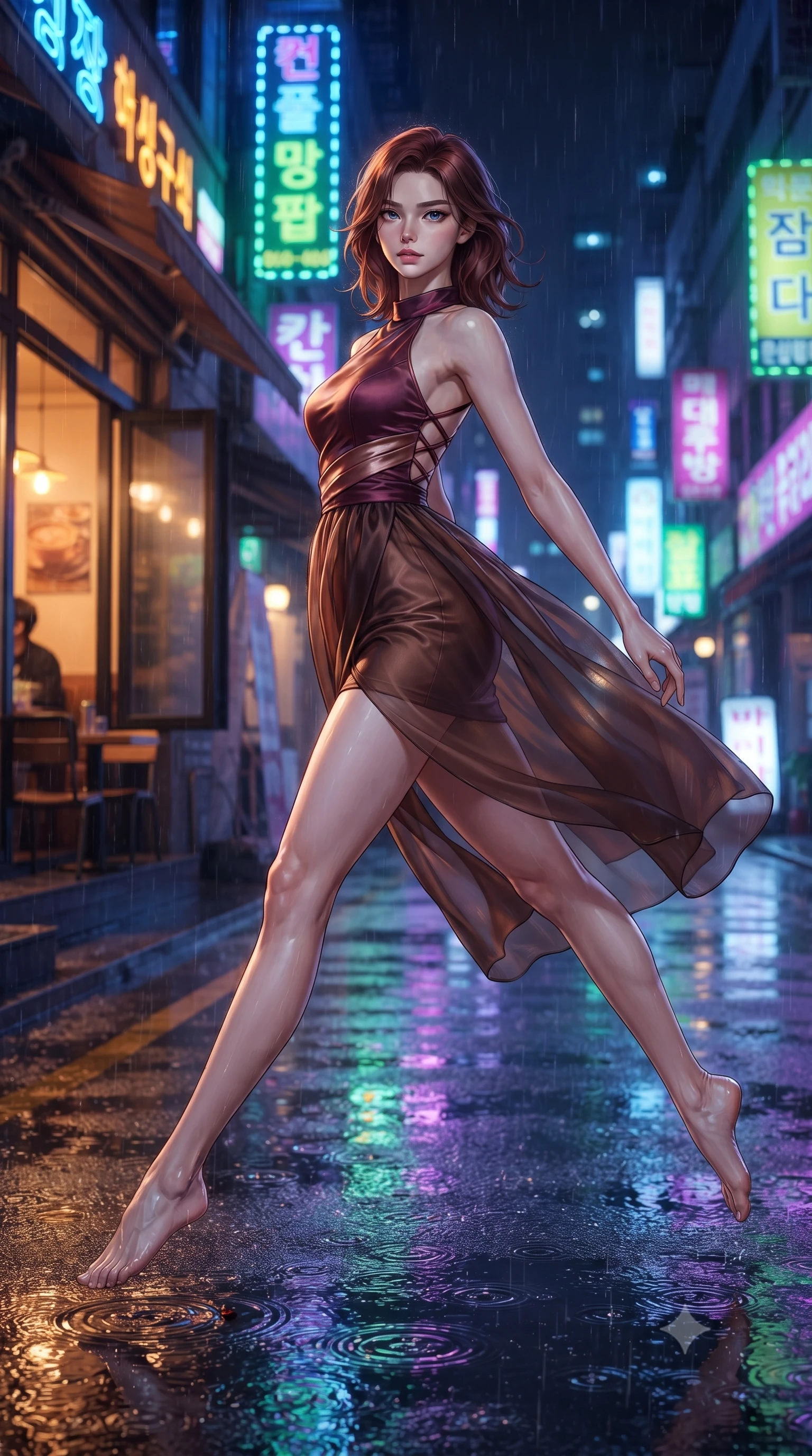 score_9, masterpiece, best quality, ultra-detailed, high-budget anime keyframe, editorial fashion photography, tasteful artistic composition, Korean woman. low angle full-body shot from head to toe showing her feet, filling the entire 9:16 vertical frame with her statuesque presence, stretching her vertical silhouette. leaping gracefully through the environment with statuesque elegance and long slender legs walking across a wet asphalt street reflecting multi-color neon city lights, warm indoor cafe glow contrasting beautifully with cool rainy street lighting. She has an absolutely perfect, statuesque 8.5-heads proportion, an exceptionally tall and slender model-like female figure with impossibly long slender legs and an ultra-slim waist. sharp v-shaped jawline, high-bridge nose, intricate jewel-like eyes with depth, thick eyelashes, glossy lips with a natural sheen. wearing a modern fusion silk hanbok dress with a structured bodice in deep burgundy and bronze, crafted from lustrous satin jersey with fluid draping, complemented by criss-cross back straps highlighting her bare shoulders, the tailored fabric tightly following every curve of her athletic build. illuminated by warm indoor golden amber light and cool rainy blue neon rim light. ultra-reflective glossy finish, specular highlights, metallic sheen, high-contrast stereoscopic depth, volumetric dynamic lighting, 2k, ultra detail, master piece, 9:16 ratio