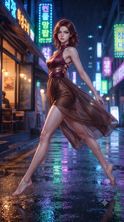 score_9, masterpiece, best quality, ultra-detailed, high-budget anime keyframe, editorial fashion photography, tasteful artistic composition, Korean woman. low angle full-body shot from head to toe showing her feet, filling the entire 9:16 vertical f