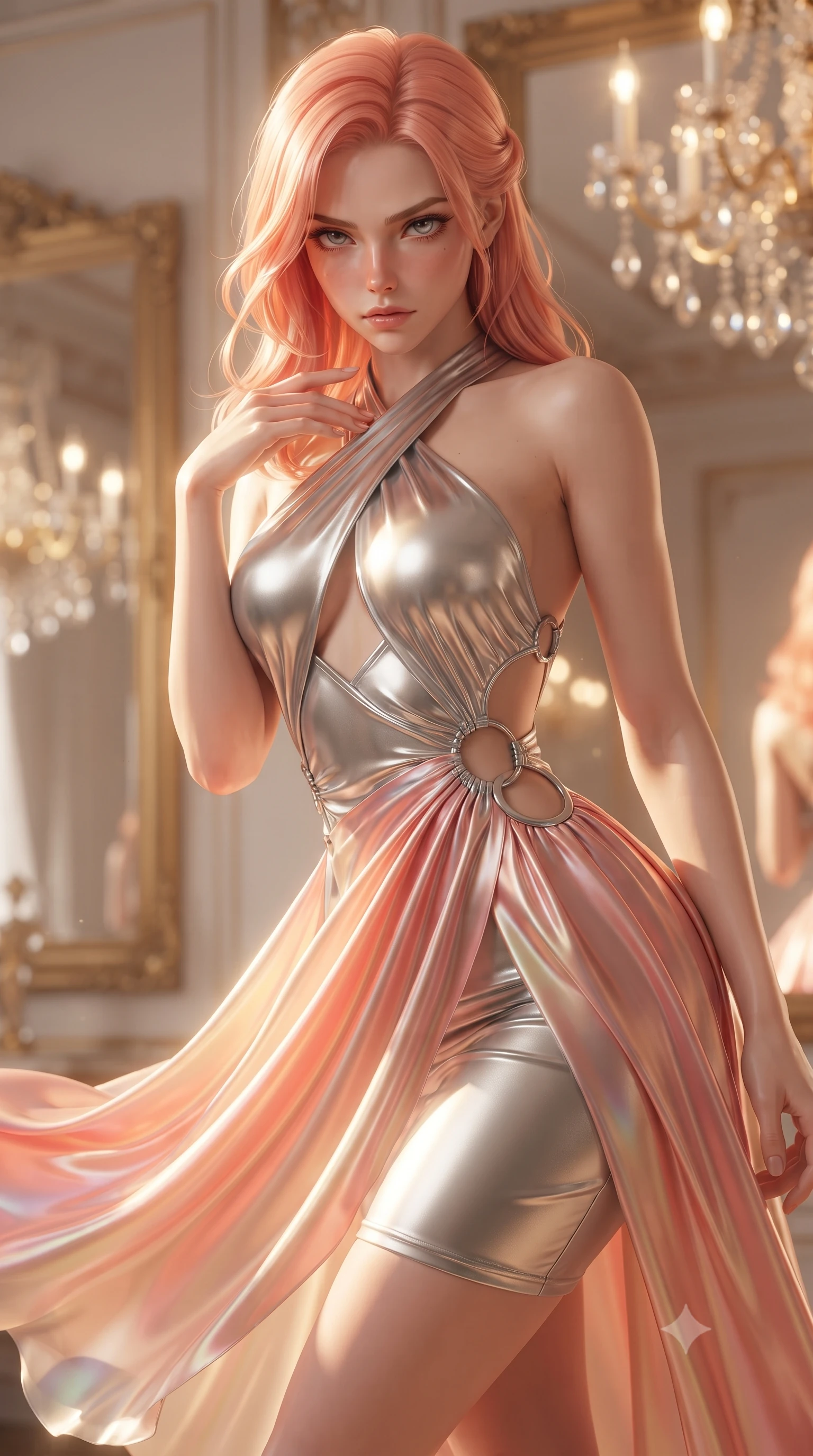 score_9, masterpiece, best quality, ultra-detailed, high-budget anime keyframe, editorial fashion photography, tasteful artistic composition, Japanese woman. close-up cowboy shot from the waist and thighs up, the character dominates the composition, filling the frame with her large presence. leaning forward with a dangerous, enticing smolder, resting one hand near her collarbone while casting a fiery, magnetic direct gaze while pivoting dynamically beneath a soaring crystal chandelier as golden sunlight casts infinite reflections of her statuesque contour. The composition keeps background elements in soft focus with creamy bokeh. gilded mirror frames and crystal chandeliers blurred into creamy, radiant amber and champagne bokeh. She has an exceptionally elegant, slender, and willowy female figure with an ultra-slim waist, a gracefully sculpted slender torso, toned flat midriff, and a refined slim silhouette. sharp v-shaped jawline, high-bridge nose, intricate jewel-like eyes with depth, thick eyelashes, glossy lips with a natural sheen, flawlessly proportioned anatomical accuracy, strict slender model proportions, natural body alignment, perfectly sculpted long slender limbs, ultra-slim waistline, clean dynamic posture without body distortion. wearing a molten silver liquid-metal mini dress featuring deep side-waist cutouts and a daring crossover halter neckline in radiant coral pink and champagne ivory, made of smooth iridescent silk chiffon that shifts colors with movement, detailed with polished silver rings connecting the daring side-waist cutouts, the glove-like aerodynamic second-skin fit tightly clinging to her ultra-slender waist and athletic curves without adding bulk, accentuating her razor-sharp statuesque lines and slim hourglass silhouette. surrounded by a supreme, royal, and intensely seductive imperial queen aura. ultra-reflective glossy finish, specular highlights, metallic sheen, high-contrast stereoscopic depth, volumetric dynamic lighting, 2k, ultra detail, master piece, 9:16 ratio