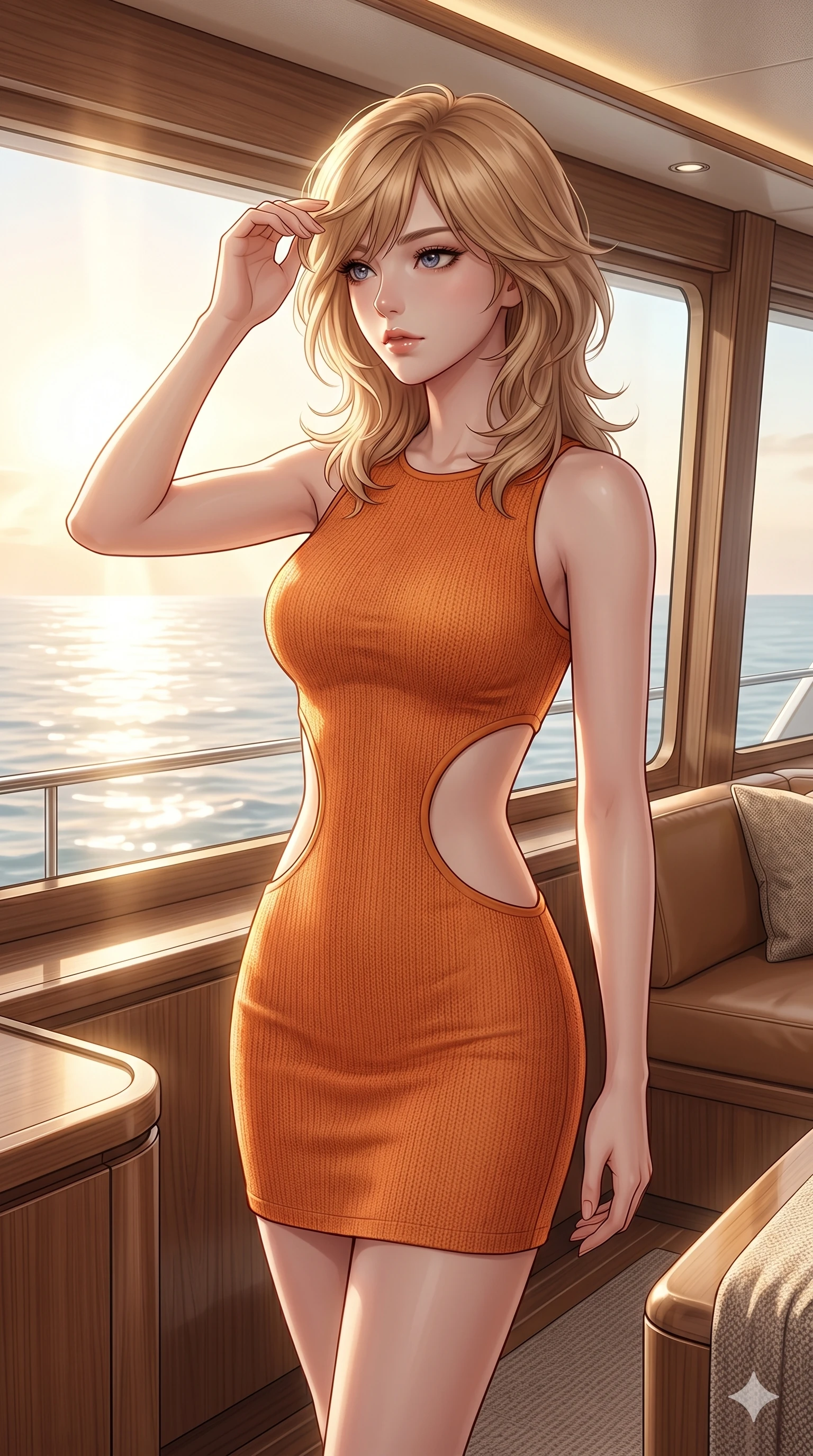 score_9, masterpiece, best quality, ultra-detailed, high-budget anime keyframe, editorial fashion photography, tasteful artistic composition, Korean woman. cowboy shot from the thighs up, character and outfit filling the frame for maximum editorial presence. wiping a lock of hair from her forehead, her expression cool and contemplative as she turns her head inside a private yacht cabin lounge with a large window showing the sunbeams reflecting off the ocean (Code-P009). She has an absolutely perfect 8-heads proportion, an exceptionally tall and slender female figure with impossibly long slender legs and an ultra-slim waist. V-shaped jawline, high-bridge nose, intricate jewel-like eyes with depth, thick eyelashes, glossy lips with a natural sheen. wearing a skin-tight orange knit dress with strategic curved cutouts at the waist and hip. bathed in soft morning sunbeams flowing into the room, creating a bright, glowing atmosphere. 2k, ultra detail, master piece, 9:16 ratio