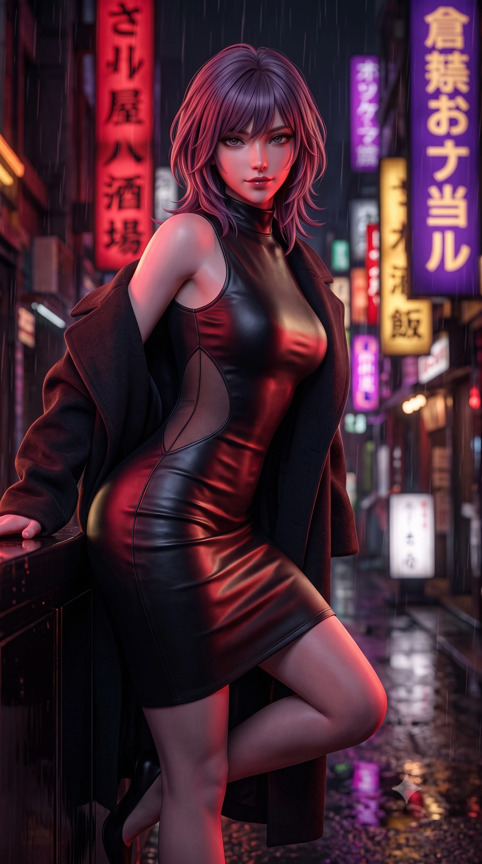 score_9, masterpiece, best quality, ultra-detailed, high-budget anime keyframe, semi-realistic 3D game render, editorial fashion photography, tasteful artistic composition, Japanese woman. close-up cowboy shot from the waist and thighs up, the character dominates the composition, filling the frame with her large presence. leaning forward over the counter while arching her lower back to accentuate her curvy hips, looking into the lens with a dangerous smoldering half-smile and bedroom-eyes while leaning against a polished black lacquer facade with one knee bent, her tailored outfit hugging her narrow waist and feminine hips as neon signs reflect below. The composition keeps background elements in soft focus with dreamy creamy bokeh. vertical kanji neon signs in deep crimson, gold, and royal purple blurred into dazzling saturated reflections and dreamy rain bokeh. She has an exceptionally elegant, slender, and willowy female figure with an ultra-slim waist, flat toned midriff, narrow ribcage, and sculpted feminine hips creating an alluring, slim hourglass silhouette without bulk. sharp v-shaped jawline, high-bridge nose, intricate jewel-like dark sparkling eyes with dangerous depth, thick curled eyelashes, glossy parted lips with a rich wine sheen, smoldering seductive half-smile with bedroom-eyes, exuding effortless superiority and intoxicating dark allure, flawlessly proportioned anatomical accuracy, strict slender model proportions, natural body alignment, perfectly sculpted long slender limbs, ultra-slim waistline, clean dynamic posture without body distortion. wearing a high-neck sleeveless bodycon dress in textured matte obsidian with side-torso semi-sheer mesh inserts in pure obsidian monochrome with subtle metallic sheen, made of supple butter-soft lambskin leather with a subtle satin sheen, complemented by an oversized dark cashmere coat draped casually over one shoulder, the high-waisted tailoring accentuating her ultra-slim waistline and the enchanting curve of her feminine hips with alluring dark charm. bathed in intense saturated crimson and warm gold neon underlights contrasting with dark rain-soaked shadow tones. highly saturated vibrant anime colors, detailed shading with soft gradients, rich glossy textures, high-contrast stereoscopic depth, volumetric dynamic lighting, master piece, 9:16 ratio
