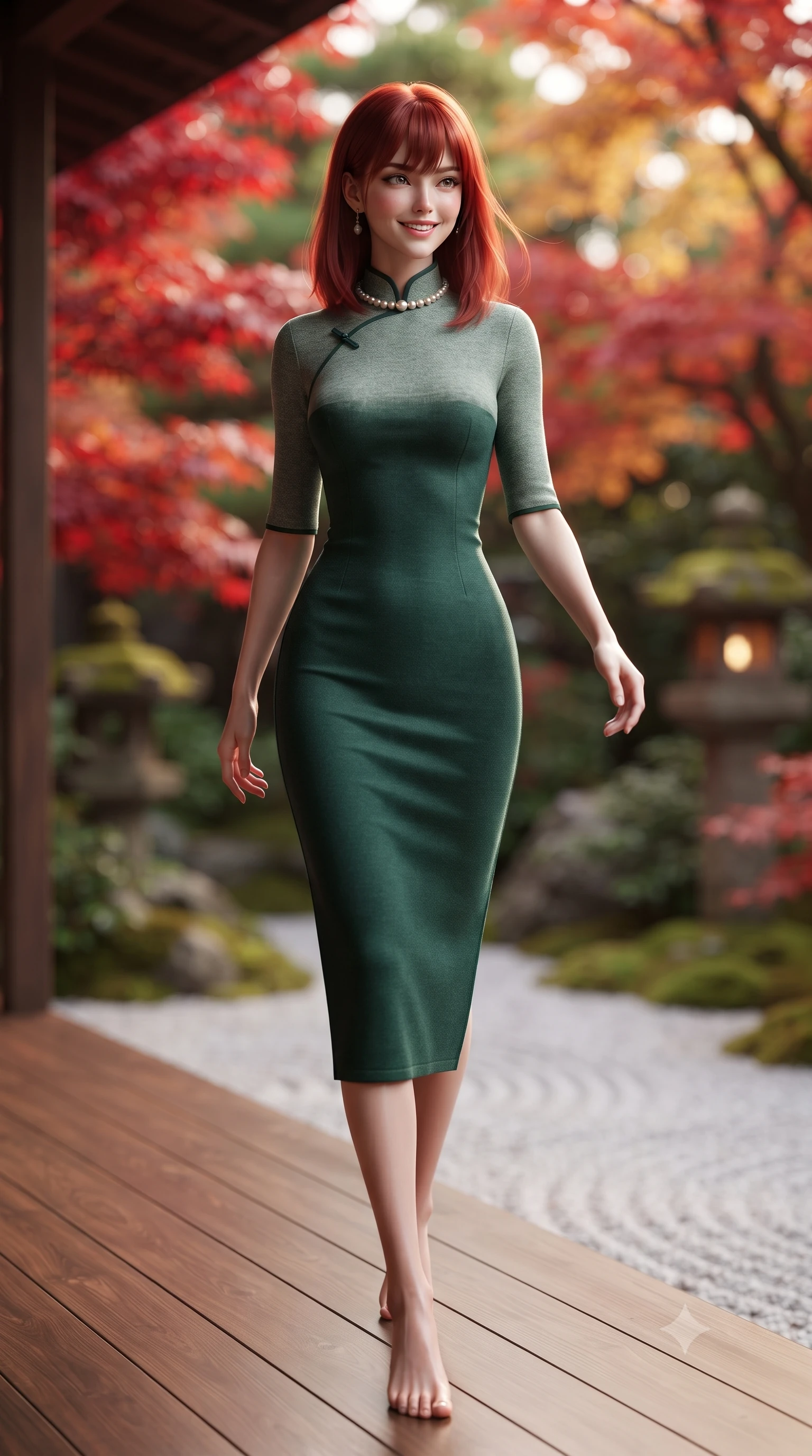 score_9, masterpiece, best quality, ultra-detailed, high-budget anime keyframe, editorial fashion photography, tasteful artistic composition, Caucasian woman. low angle full-body shot from head to toe showing her feet, filling the entire 9:16 vertical frame with her statuesque presence, stretching her vertical silhouette. stepping forward gracefully in mid-motion with a radiant beaming smile, hips swaying with supermodel rhythm as her vertical silhouette fills the frame while sitting gracefully on the polished cypress wood engawa veranda, legs turned demurely to the side, smiling with gentle Kyoto serenity. The background shows a soft-focus vibrant crimson and vermilion Japanese maple leaves, raked white gravel zen patterns, and mossy stone lanterns blurred into scarlet, amber, and moss green bokeh. She has an exceptionally tall and slender model-like 8.5-heads proportion, an ultra-slim waist, a flat toned midriff, narrow delicate ribcage, and beautifully sculpted feminine hips creating a graceful, slim hourglass silhouette without any bulky heaviness, with impossibly long slender legs. sharp v-shaped jawline, high-bridge nose, intricate jewel-like sparkling eyes with depth, thick eyelashes, glossy parted lips with a natural peach sheen, bright cheerful beaming smile with an enchanting and coquettish sensual glint, exuding both youthful cute charm and seductive allure, flawlessly proportioned anatomical accuracy, strict slender model proportions, natural body alignment, perfectly sculpted long slender limbs, ultra-slim waistline, clean dynamic posture without body distortion. wearing a modern form-fitting silk-knit cheongsam-inspired dress with subtle standing collar and snug tailored waist darts in St. Moritz pine forest emerald and heather grey, made of ultra-fine Mongolian cashmere with sleek glove-like elasticity contouring her silhouette, complemented by an antique baroque pearl choker accentuating her delicate neck and collarbones, the snug waist-cinching tailoring accentuating her ultra-slim waistline and the enchanting curve of her feminine hips with alluring seductive charm. illuminated by white gravel garden bounce and warm vermilion-gold rim lights defining her delicate features, jawline, and graceful silhouette. ultra-reflective glossy finish, specular highlights, rich textural contrasts, high-contrast stereoscopic depth, volumetric dynamic lighting, 2k, ultra detail, master piece, 9:16 ratio