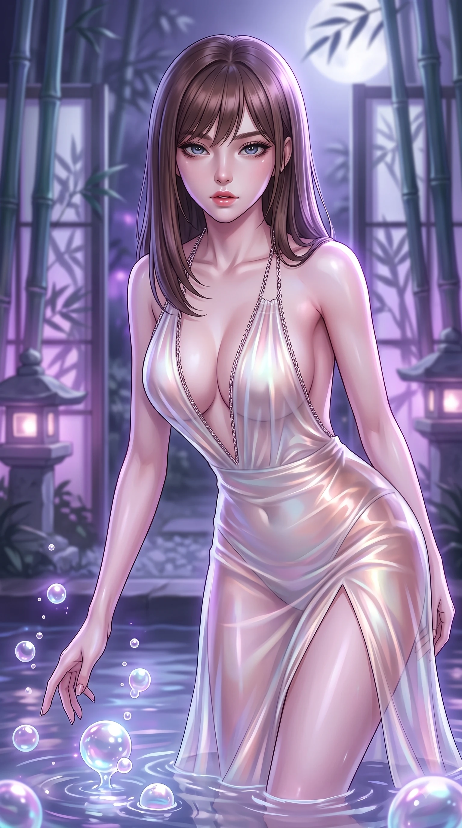 score_9, masterpiece, best quality, ultra-detailed, high-budget anime keyframe, editorial fashion photography, tasteful artistic composition, Korean woman. close-up cowboy shot from the waist and thighs up, the character dominates the composition, filling the frame with her large presence, background elements kept in soft focus. Leaning forward gracefully with lips parted, casting a smoldering magnetic gaze directly into the lens while reaching one arm gently toward the water surface as bioluminescent bubbles cast pearl highlights, bamboo partitions and stone lanterns casting peaceful organic stencil shadows. She has an exceptionally elegant, slender, and willowy female figure with an ultra-slim waist, a gracefully sculpted slender torso, and a refined silhouette. sharp v-shaped jawline, high-bridge nose, intricate jewel-like eyes with depth, thick eyelashes, glossy lips with a natural sheen, flawlessly proportioned anatomical accuracy, natural body alignment, perfectly sculpted elegant limbs, clean dynamic posture without body distortion. wearing a translucent iridescent chiffon gown with a plunging neckline and open back in pearl white and rose gold, crafted from iridescent chiffon that shifts colors in the light, adorned with delicate metallic chain straps along the neckline, the glove-like fit emphasizing her statuesque silhouette during motion. illuminated by luminous purple bioluminescence and serene silver moonlight. highly saturated vibrant anime colors, detailed shading with soft gradients, rich glossy textures, high-contrast stereoscopic depth, volumetric dynamic lighting, master piece, 9:16 ratio