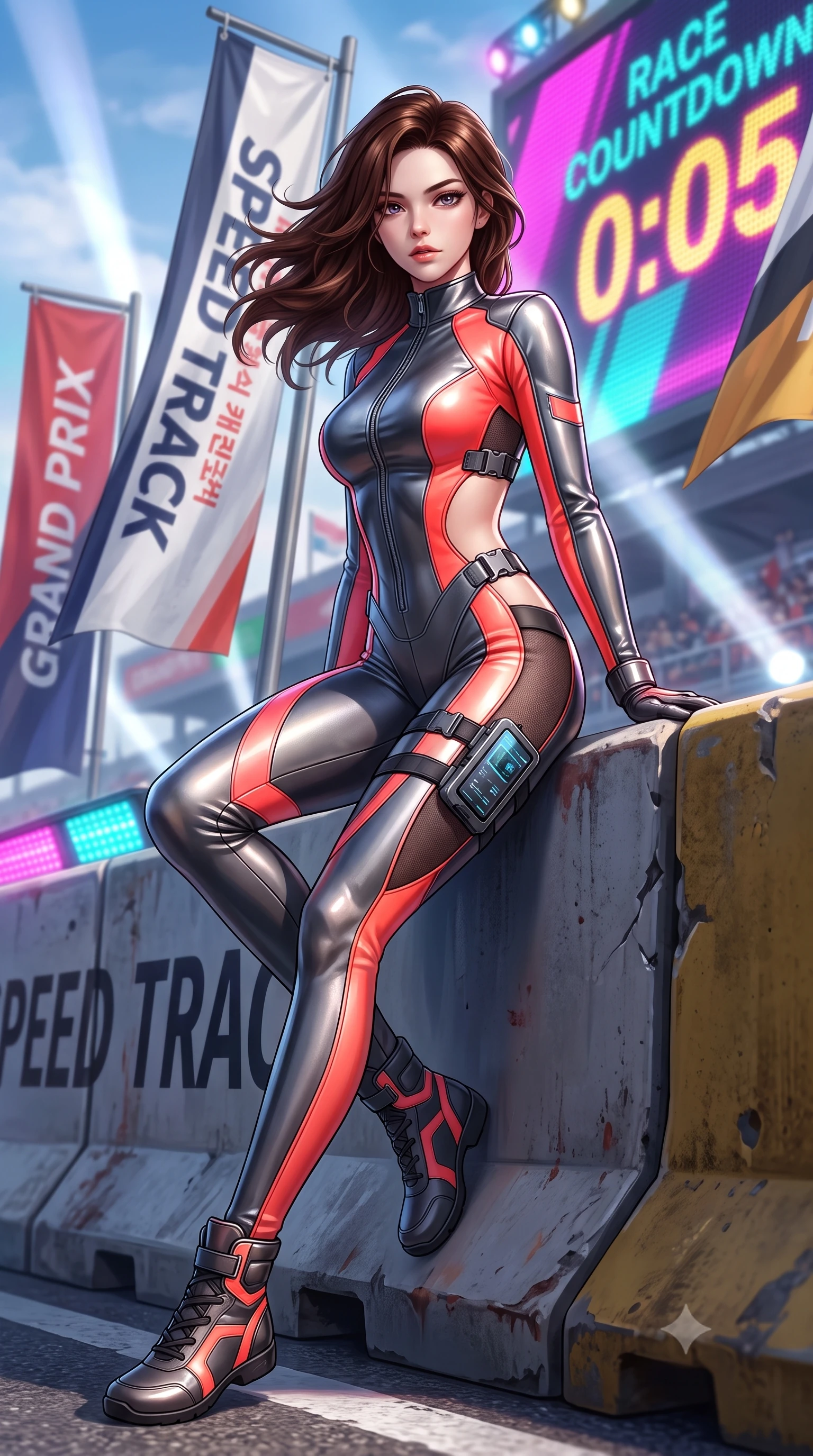 score_9, masterpiece, best quality, ultra-detailed, high-budget anime keyframe, semi-realistic 3D game render, editorial fashion photography, tasteful artistic composition, Korean woman. low angle full-body shot from head to toe showing her feet, filling the entire 9:16 vertical frame with her statuesque presence, stretching her vertical silhouette. sitting poised on the elevated edge with legs crossed and extended, her tall 8.5-heads proportions dominating the scene with effortless poise while leaning against a heavy track barrier, tossing her hair over one shoulder as wind whips the racing circuit banners. The composition keeps background elements in soft focus with creamy bokeh. giant LED jumbotron race countdown graphics and sweeping searchlights blurred into electric magenta, turquoise, and gold bokeh. She has an absolutely perfect, statuesque 8.5-heads proportion, an exceptionally tall and slender model-like female figure with impossibly long slender legs, a toned flat midriff, and an ultra-slim waist. sharp v-shaped jawline, high-bridge nose, intricate jewel-like eyes with depth, thick eyelashes, glossy parted lips with a natural sheen, intensely captivating and seductive expression, flawlessly proportioned anatomical accuracy, strict slender model proportions, natural body alignment, perfectly sculpted long slender limbs, ultra-slim waistline, clean dynamic posture without body distortion. wearing a high-collar leather speedsuit featuring bold side-torso cutouts and quick-release titanium buckles in metallic gunmetal and blazing neon coral, made of stretchy athletic knit with sheer mesh cutout inserts, equipped with a sleek thigh-mounted telemetry display and tactical harness, the athletic second-skin cut highlighting her toned flat midriff and slender model proportions during dynamic action. bathed in dynamic color-shifting LED race lights and sweeping white spotlight fill. highly saturated vibrant anime colors, detailed shading with soft gradients, rich glossy textures, high-contrast stereoscopic depth, volumetric dynamic lighting, master piece, 9:16 ratio